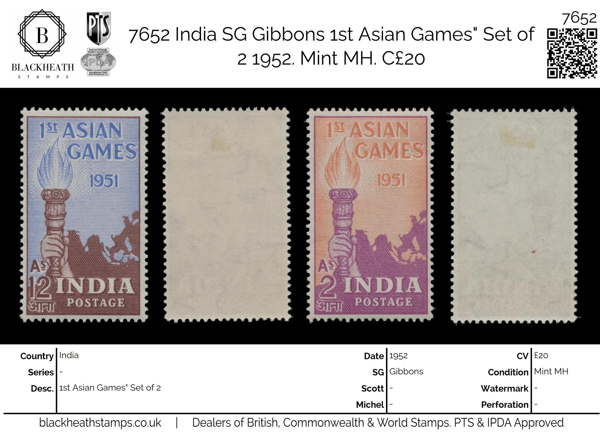 7652 India SG335-336 1st Asian Games" Set of 2 1952. Mint MH. C£20