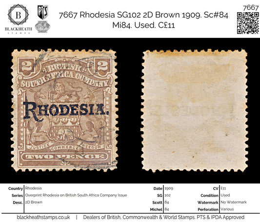 7667 Rhodesia SG102 2D Brown 1909. Sc#84 Mi84. Used. C£11