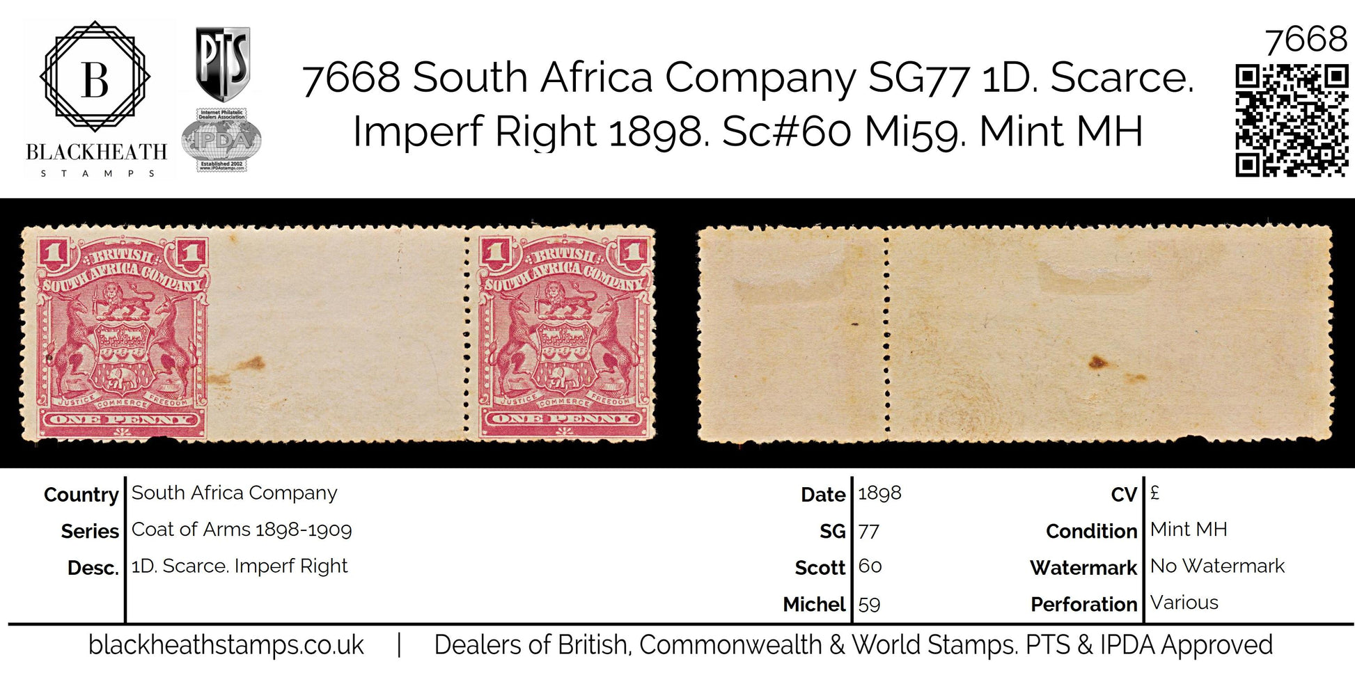 7668 South Africa Company SG77 1D. Scarce. Imperf Right 1898. Sc#60 Mi59. Mint MH