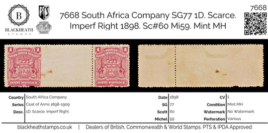 7668 South Africa Company SG77 1D. Scarce. Imperf Right 1898. Sc#60 Mi59. Mint MH