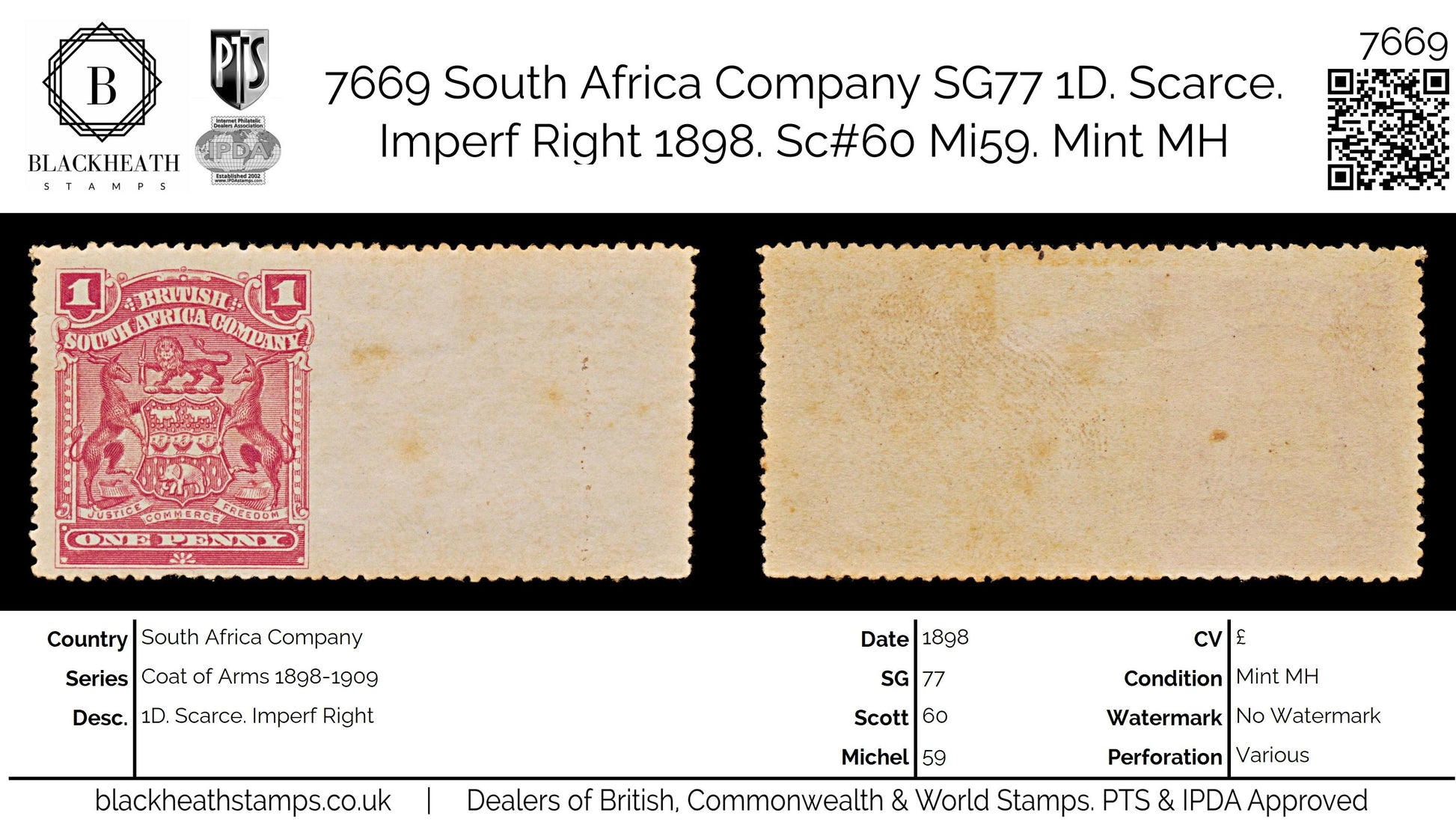 7669 South Africa Company SG77 1D. Scarce. Imperf Right 1898. Sc#60 Mi59. Mint MH