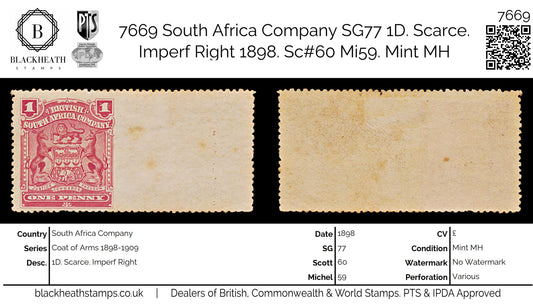 7669 South Africa Company SG77 1D. Scarce. Imperf Right 1898. Sc#60 Mi59. Mint MH