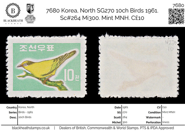 7680 Korea, North SG270 10ch Birds 1961. Sc#264 Mi300. Mint MNH. C£10