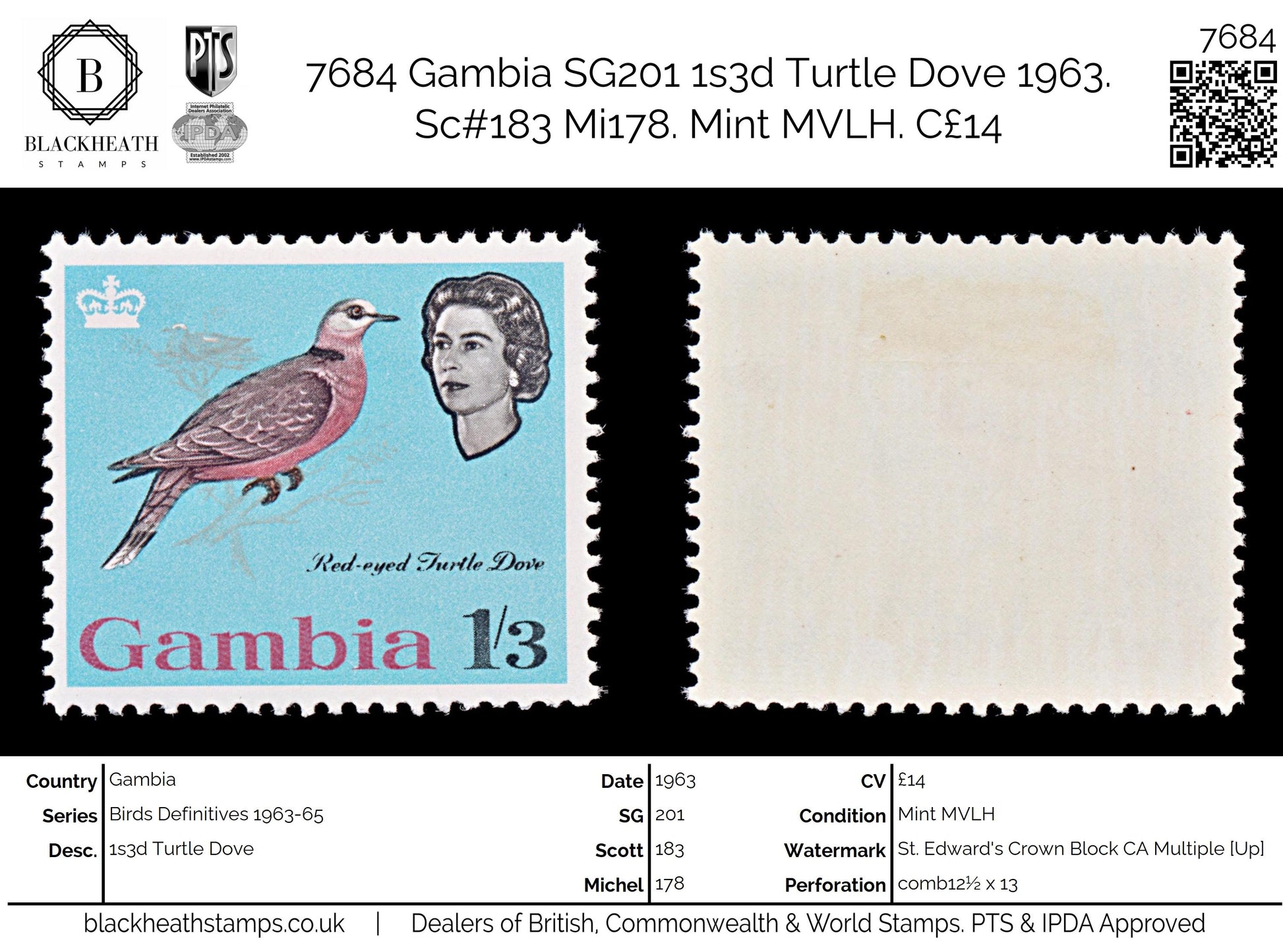 7684 Gambia SG201 1s3d Turtle Dove 1963. Sc#183 Mi178. Mint MVLH. C£14