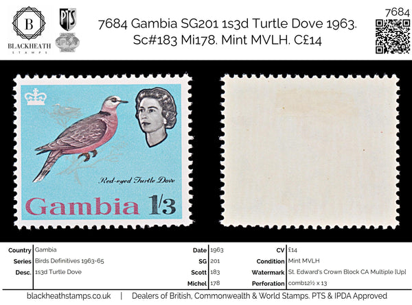 7684 Gambia SG201 1s3d Turtle Dove 1963. Sc#183 Mi178. Mint MVLH. C£14