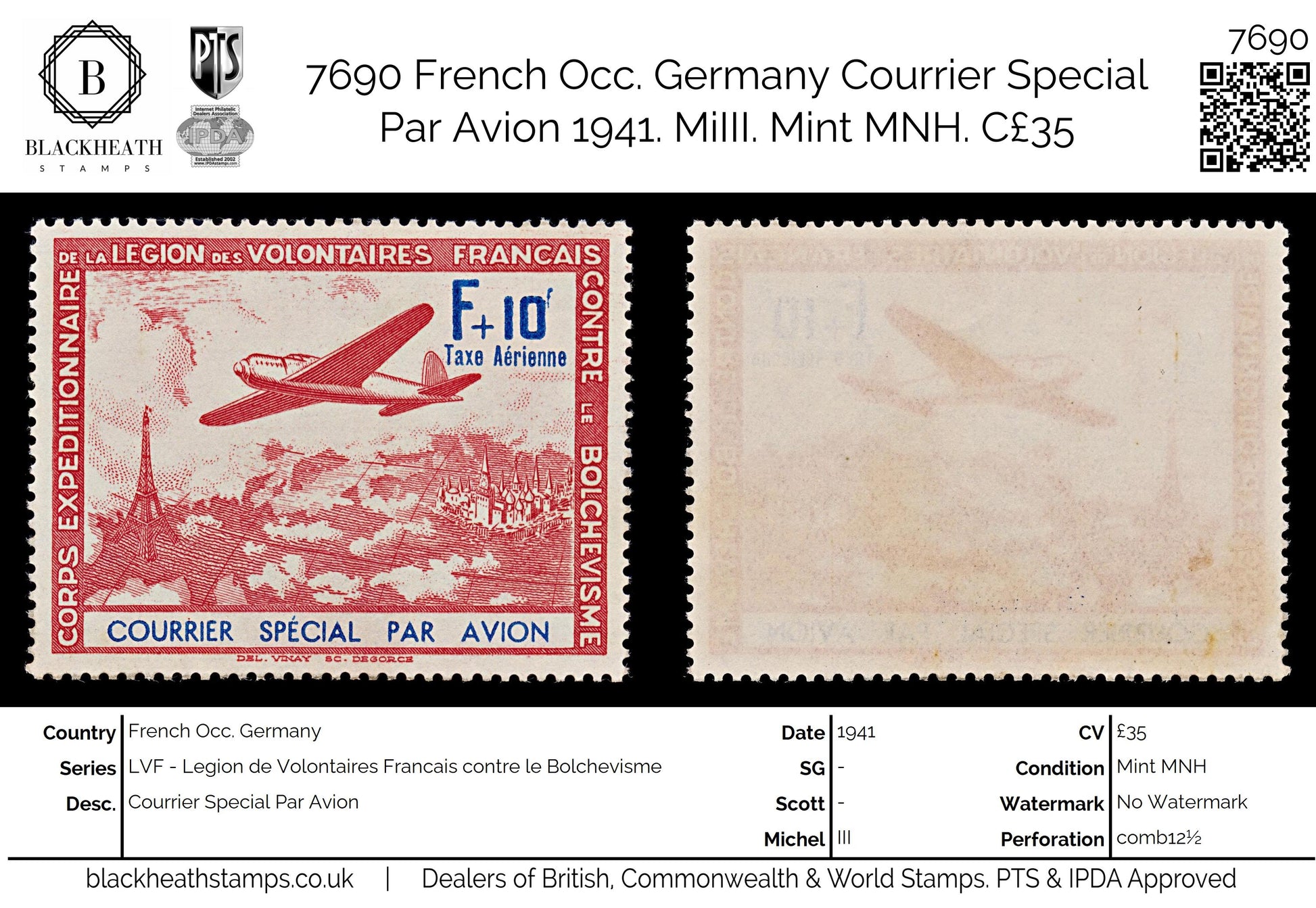 7690 French Occ. Germany Courrier Special Par Avion 1941. MiIII. Mint MNH. C£35