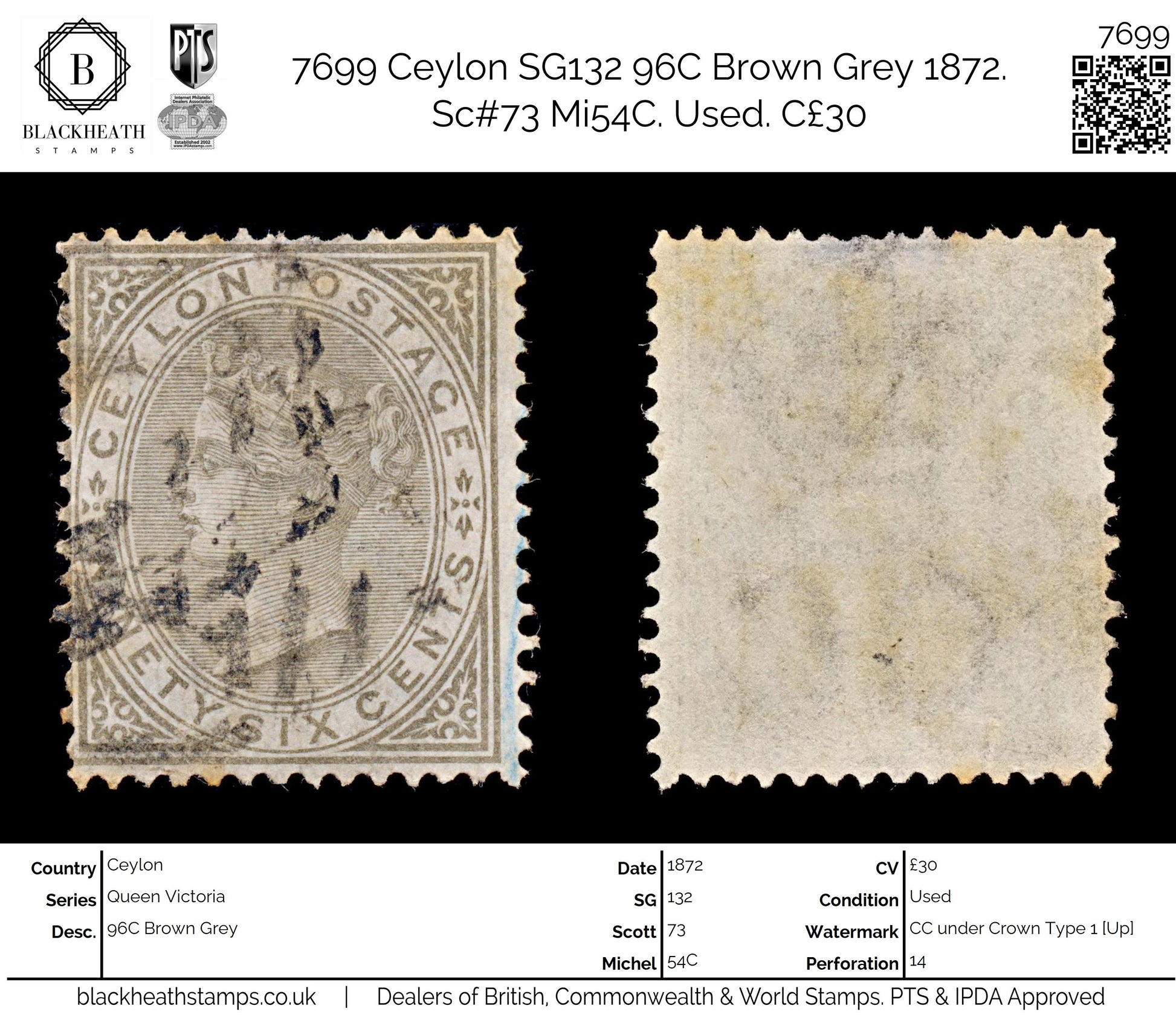 7699 Ceylon SG132 96C Brown Grey 1872. Sc#73 Mi54C. Used. C£30