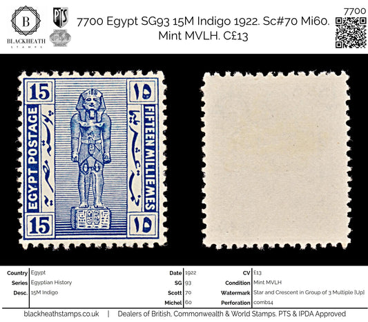 7700 Egypt SG93 15M Indigo 1922. Sc#70 Mi60. Mint MVLH. C£13