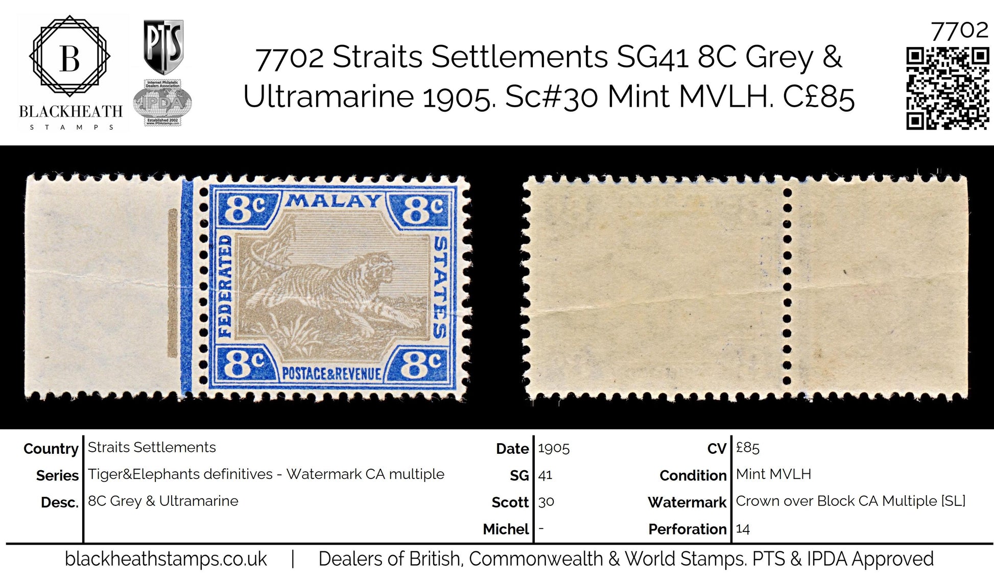7702 Straits Settlements SG41 8C Grey & Ultramarine 1905. Sc#30 Mint MVLH. C£85