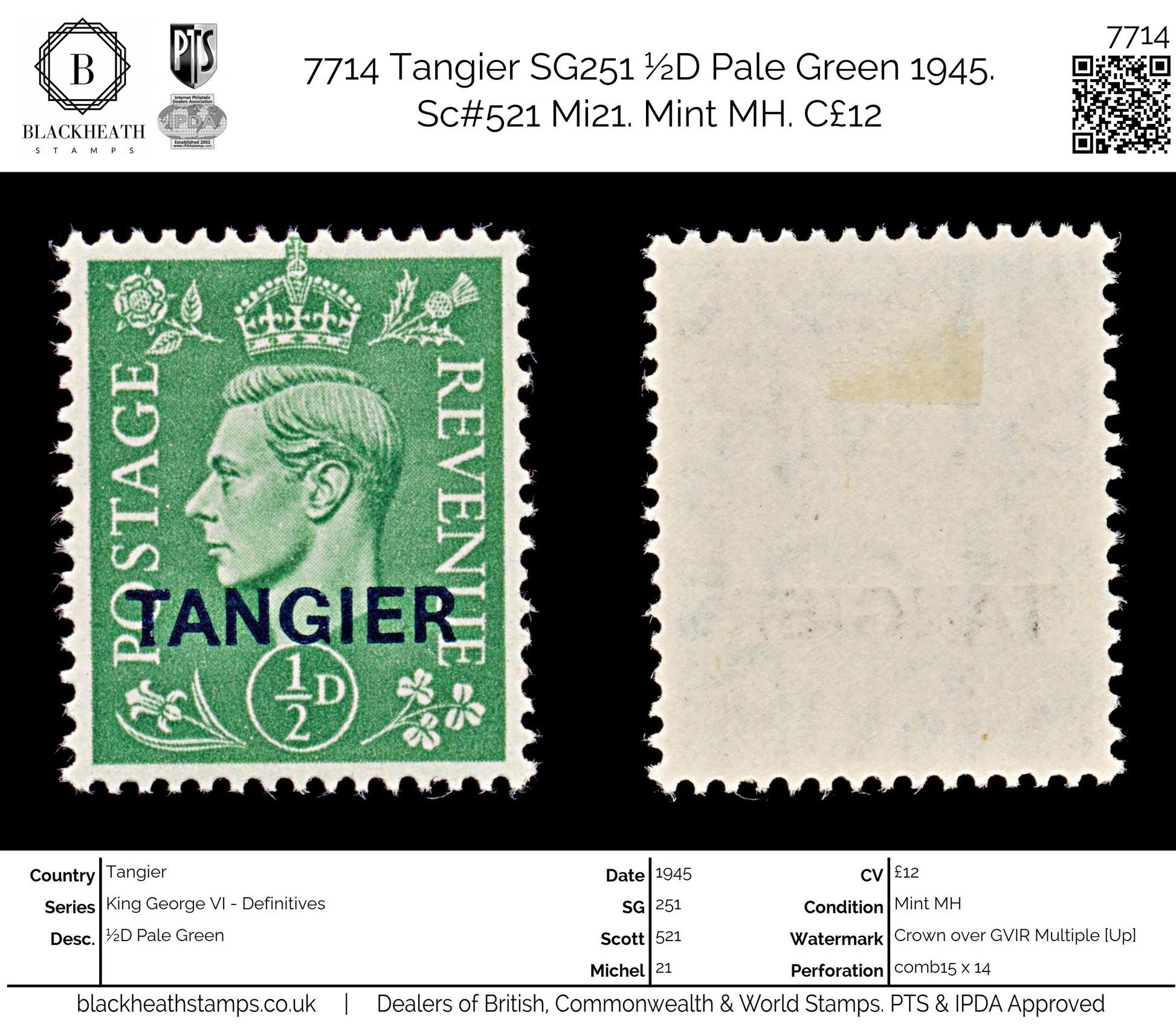 7714 Tangier SG251 ½D Pale Green 1945. Sc#521 Mi21. Mint MH. C£12