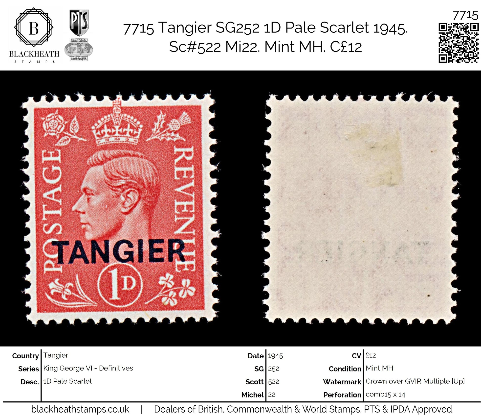 7715 Tangier SG252 1D Pale Scarlet 1945. Sc#522 Mi22. Mint MH. C£12