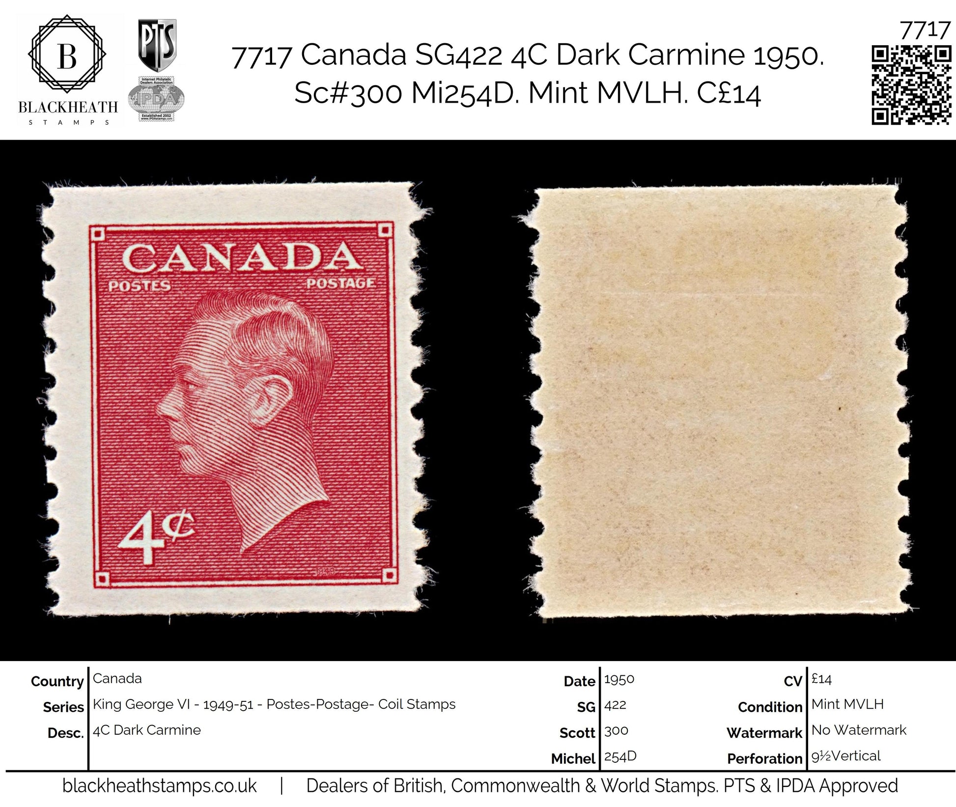 7717 Canada SG422 4C Dark Carmine 1950. Sc#300 Mi254D. Mint MVLH. C£14