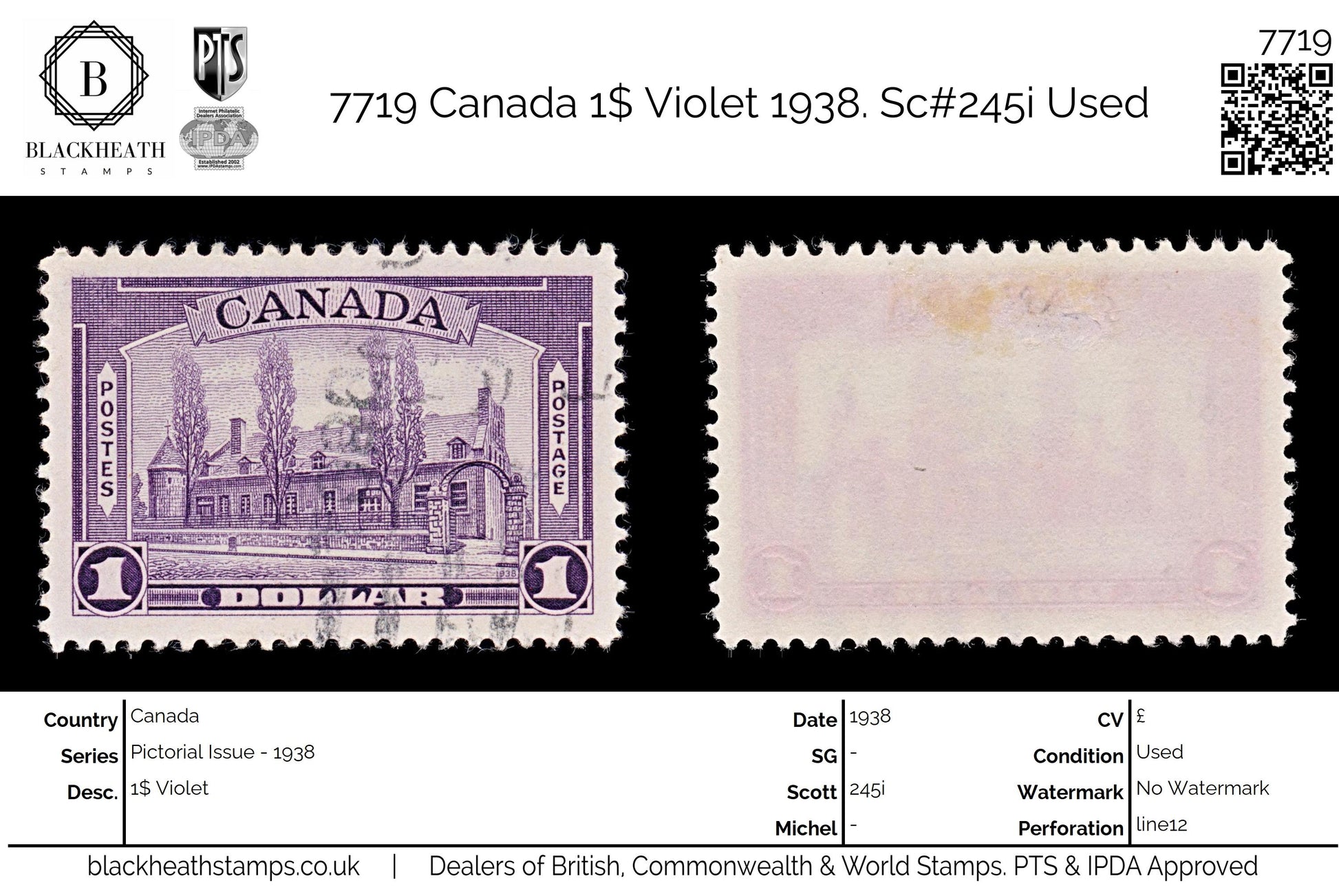 7719 Canada 1$ Violet 1938. Sc#245i Used