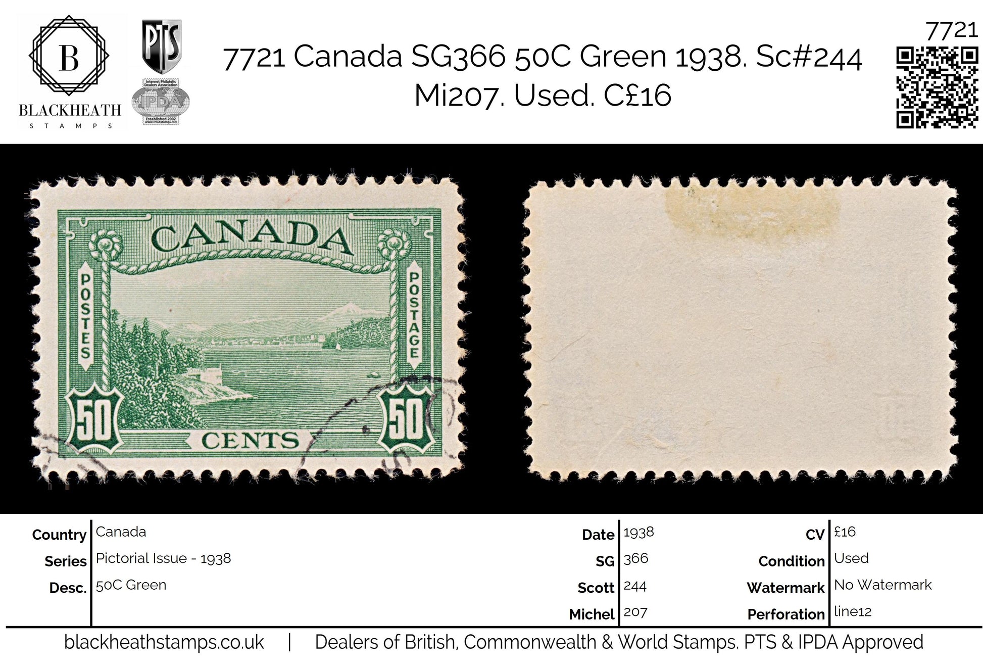 7721 Canada SG366 50C Green 1938. Sc#244 Mi207. Used. C£16