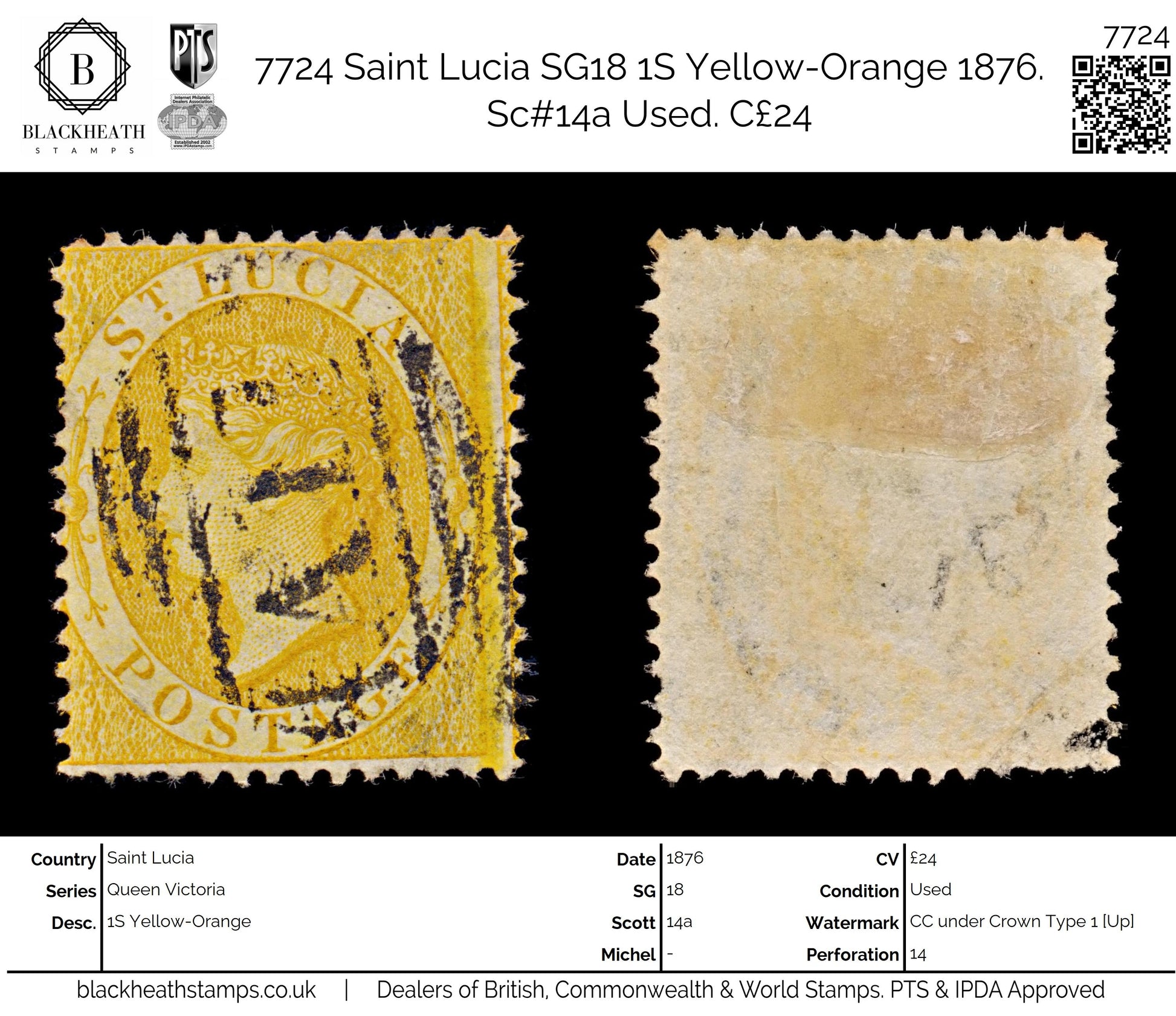 7724 Saint Lucia SG18 1S Yellow-Orange 1876. Sc#14a Used. C£24
