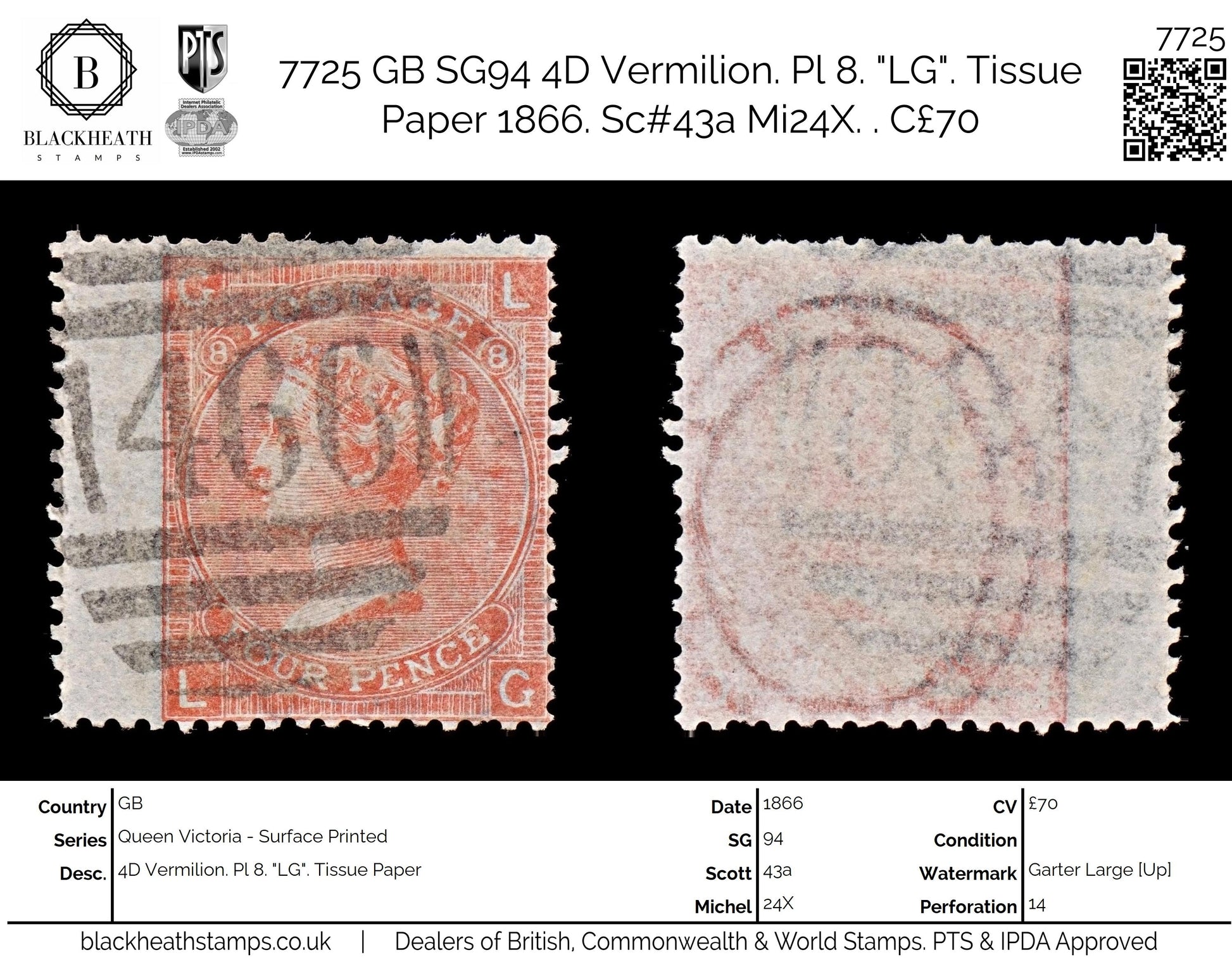 7725 GB SG94 4D Vermilion. Pl 8. "LG". Tissue Paper 1866. Sc#43a Mi24X. . C£70