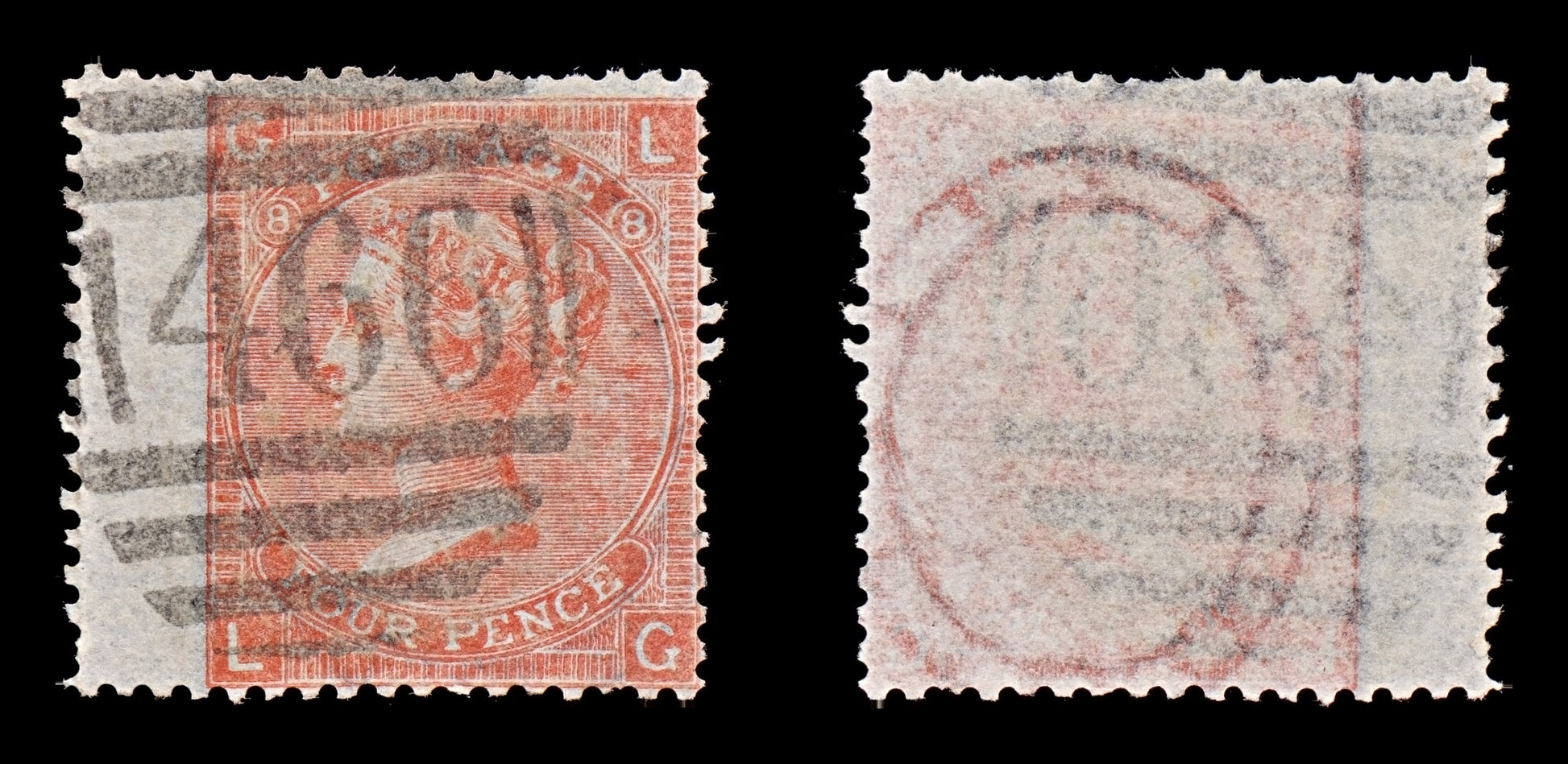 7725 GB SG94 4D Vermilion. Pl 8. "LG". Tissue Paper 1866. Sc#43a Mi24X. . C£70