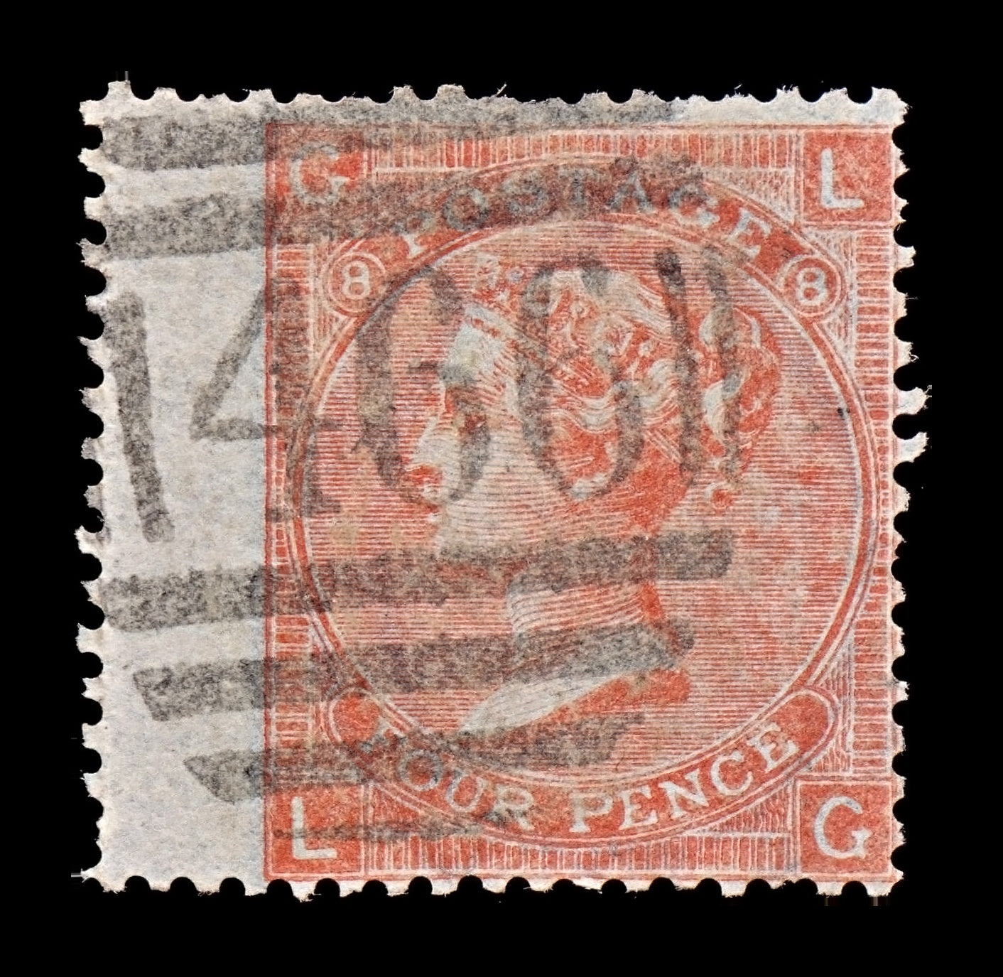 7725 GB SG94 4D Vermilion. Pl 8. "LG". Tissue Paper 1866. Sc#43a Mi24X. . C£70