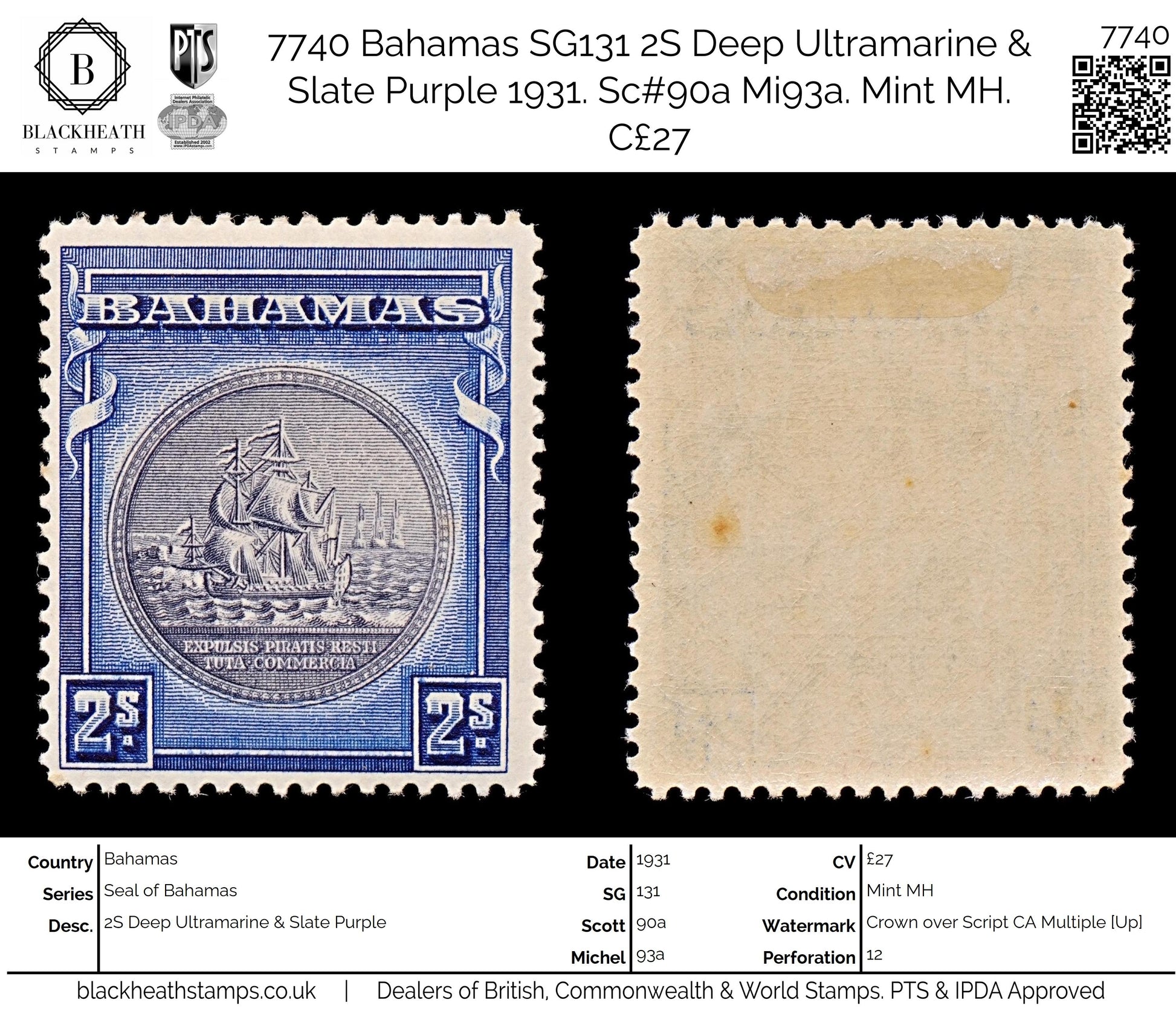 7740 Bahamas SG131 2S Deep Ultramarine & Slate Purple 1931. Sc#90a Mi93a. Mint MH. C£27