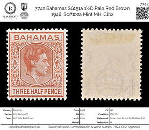 7742 Bahamas SG151a 1½D Pale Red Brown 1948. Sc#102a Mint MH. C£12