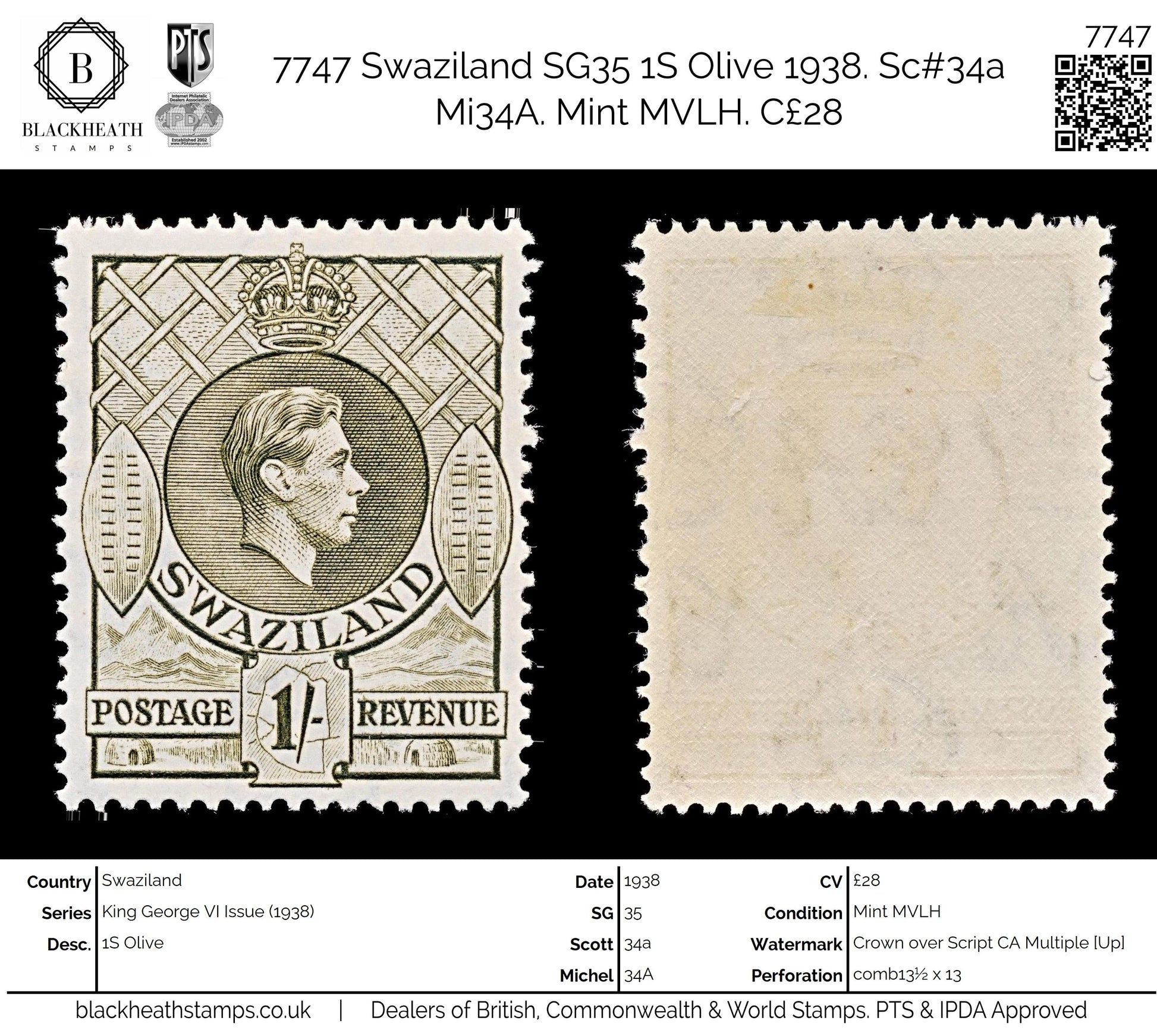 7747 Swaziland SG35 1S Olive 1938. Sc#34a Mi34A. Mint MVLH. C£28