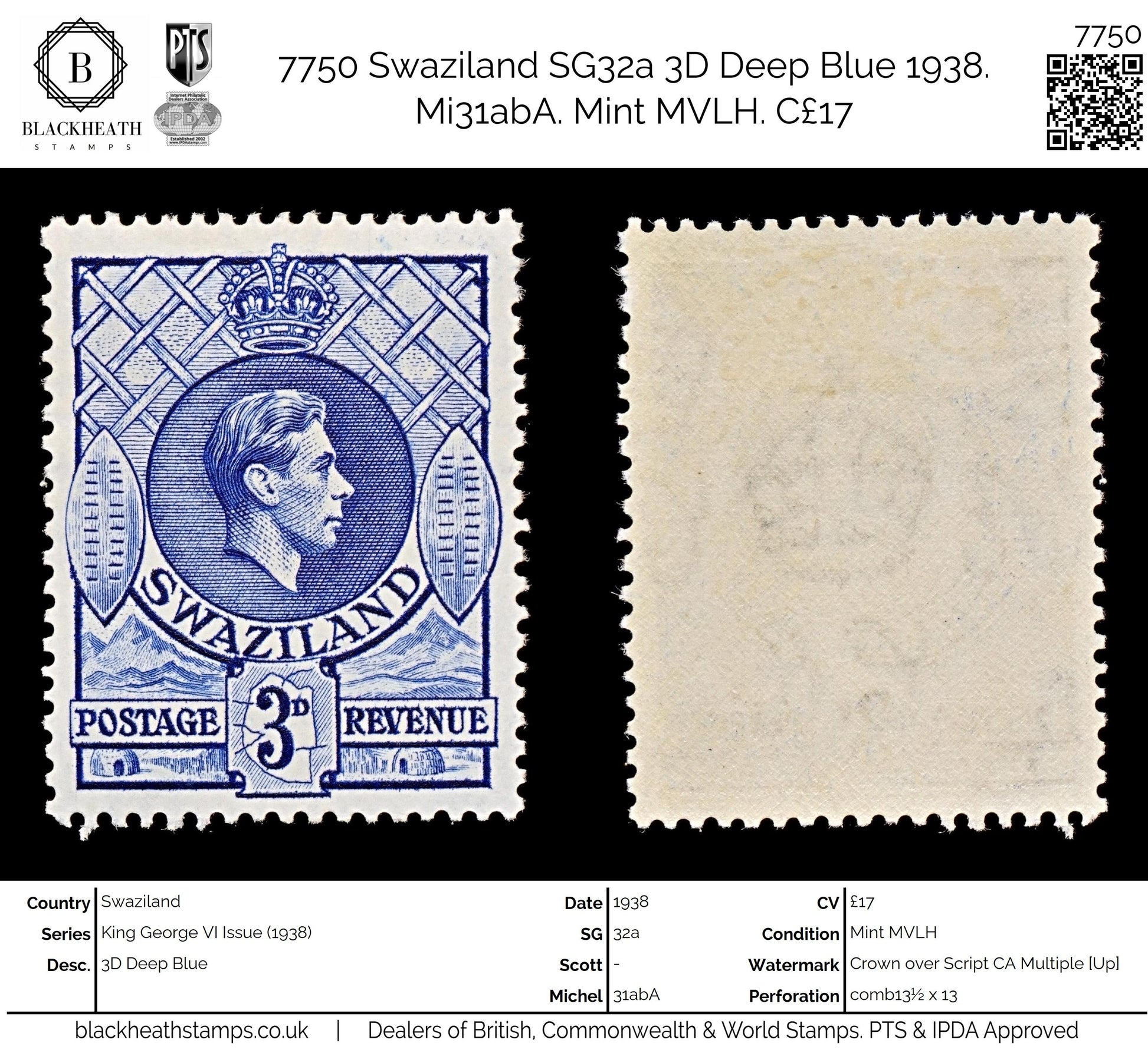 7750 Swaziland SG32a 3D Deep Blue 1938. Mi31abA. Mint MVLH. C£17
