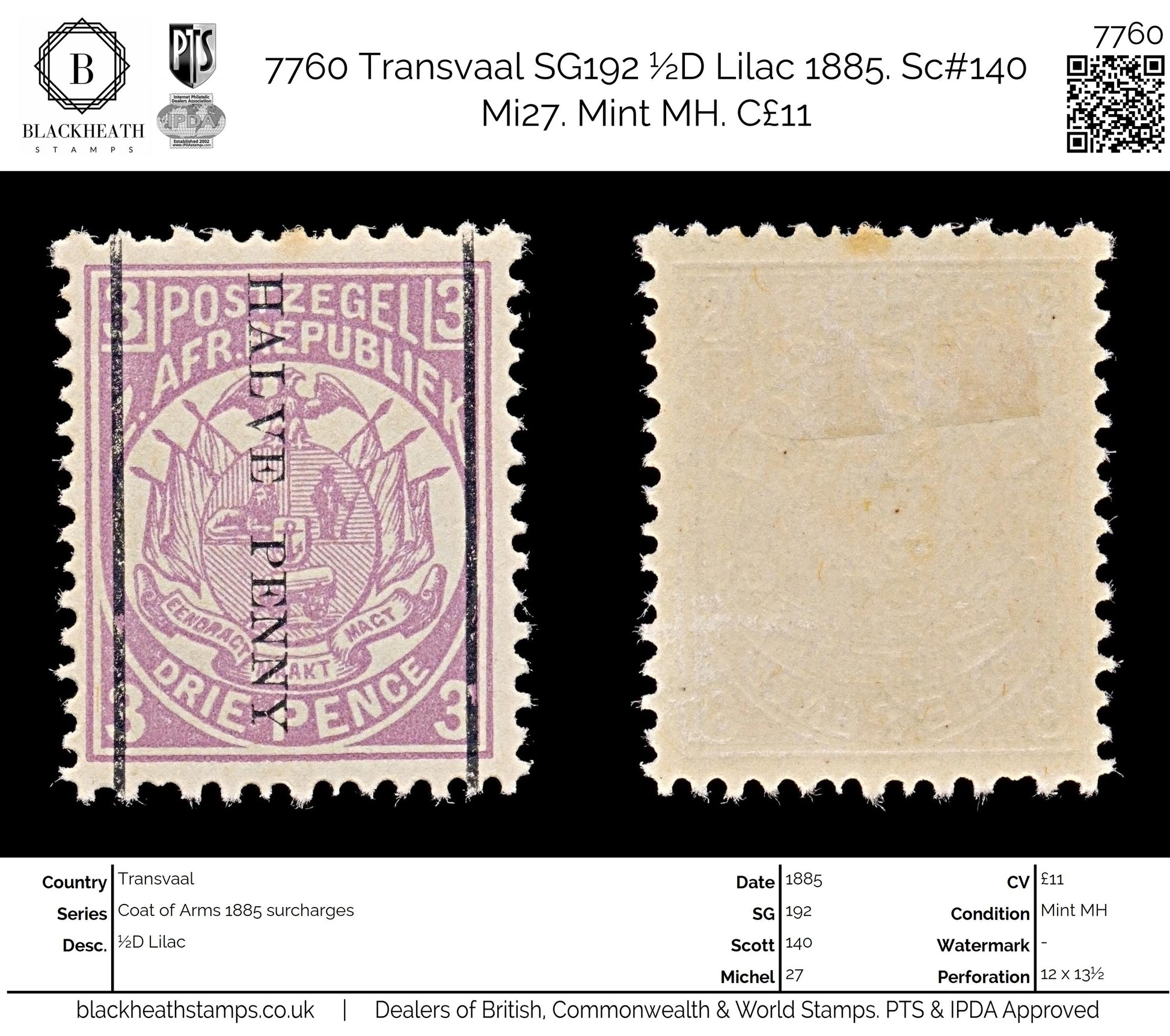 7760 Transvaal SG192 ½D Lilac 1885. Sc#140 Mi27. Mint MH. C£11