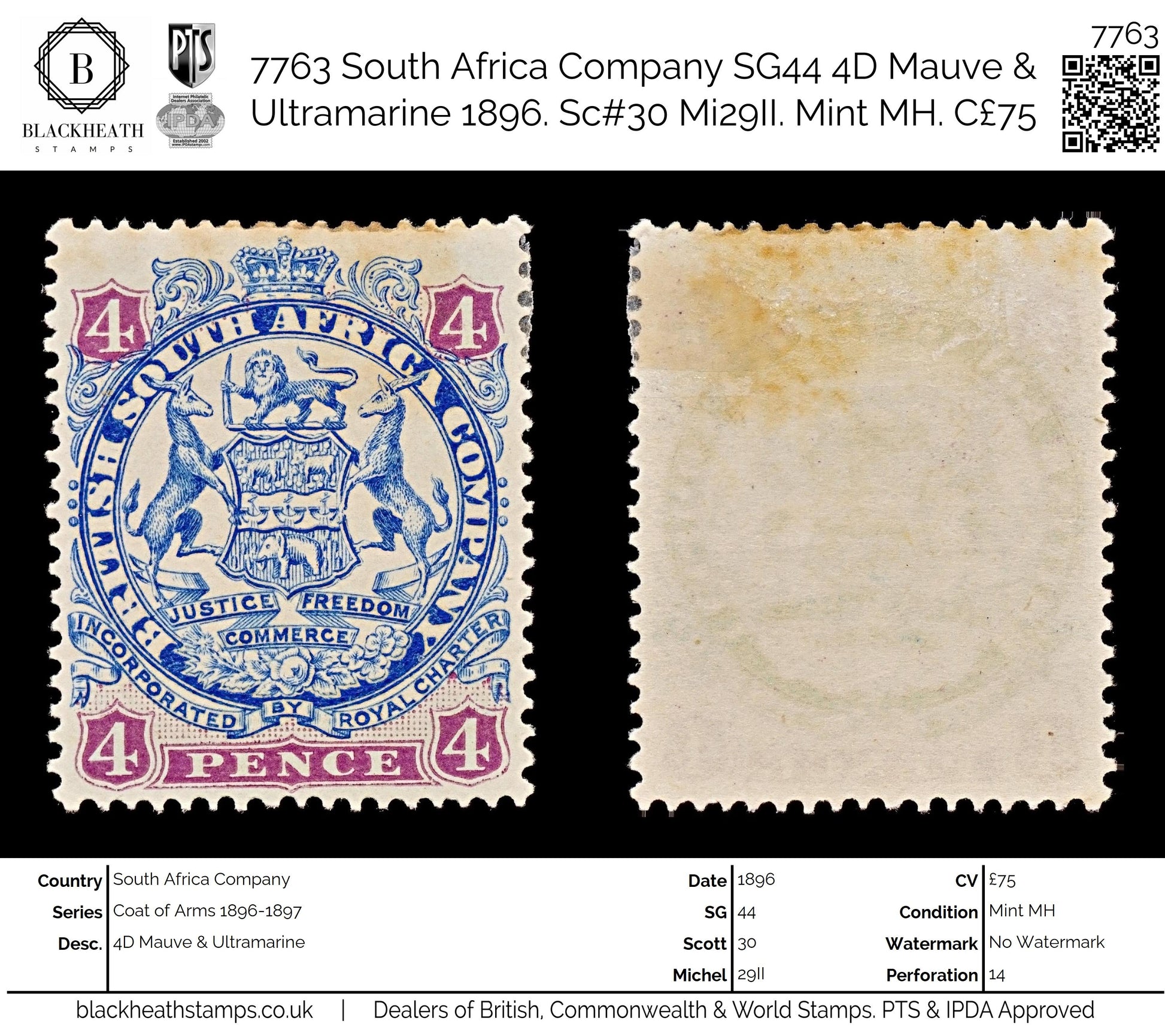 7763 South Africa Company SG44 4D Mauve & Ultramarine 1896. Sc#30 Mi29II. Mint MH. C£75