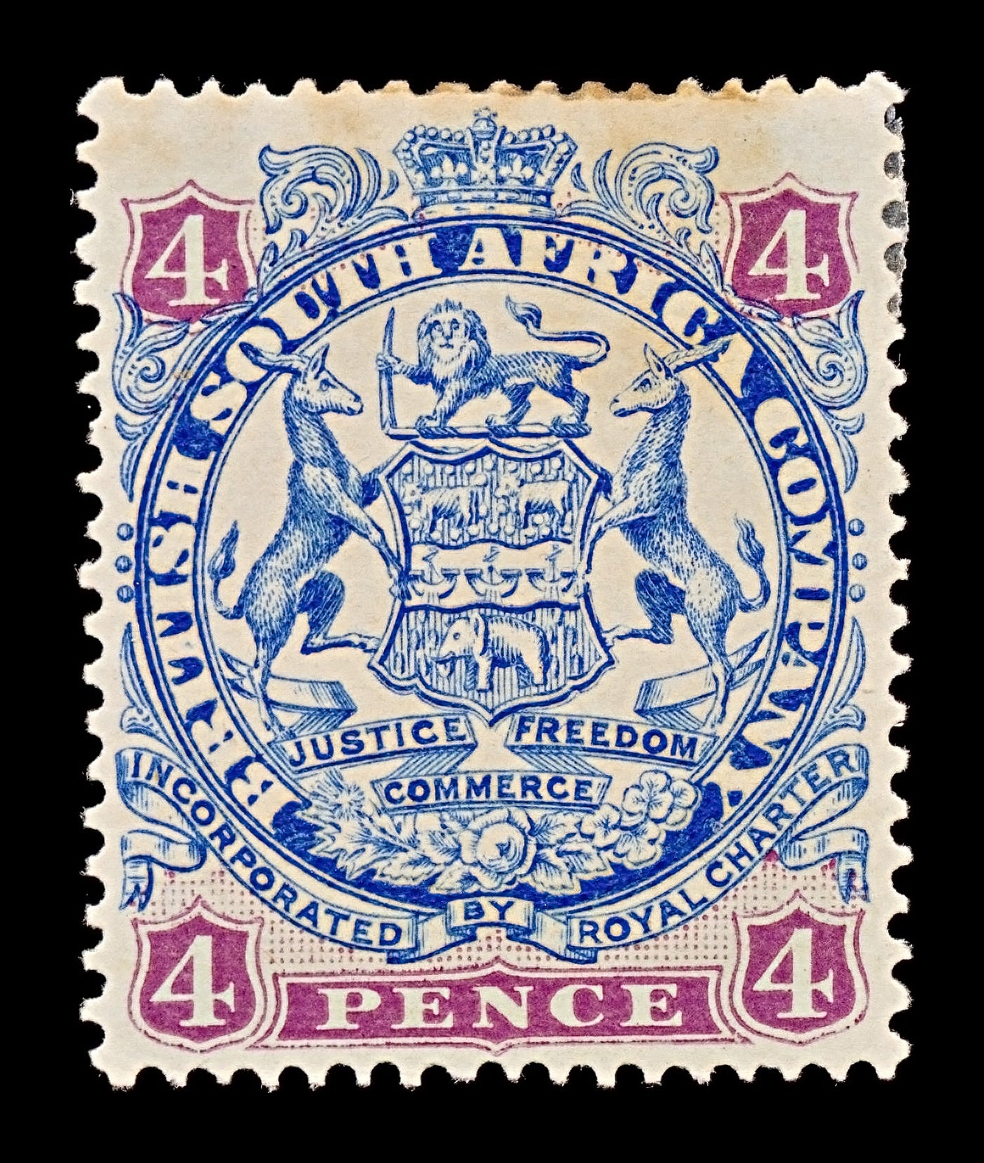 7763 South Africa Company SG44 4D Mauve & Ultramarine 1896. Sc#30 Mi29II. Mint MH. C£75