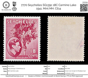 7770 Seychelles SG139c 18C Carmine Lake 1941. Mint MH. C£14