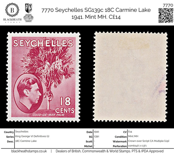 7770 Seychelles SG139c 18C Carmine Lake 1941. Mint MH. C£14