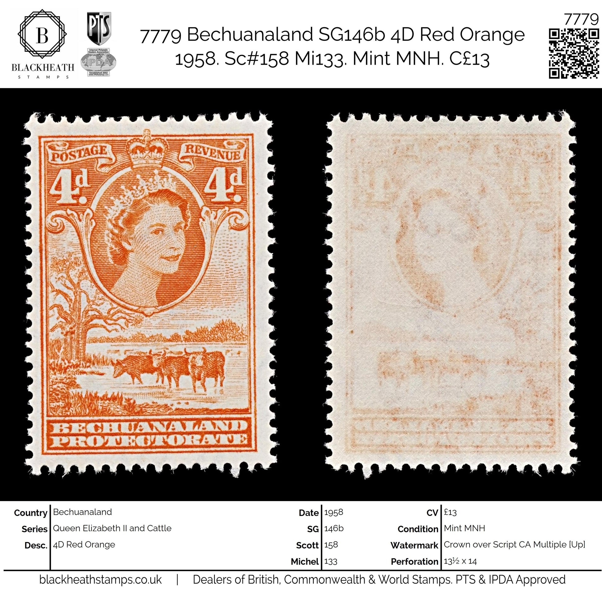 7779 Bechuanaland SG146b 4D Red Orange 1958. Sc#158 Mi133. Mint MNH. C£13