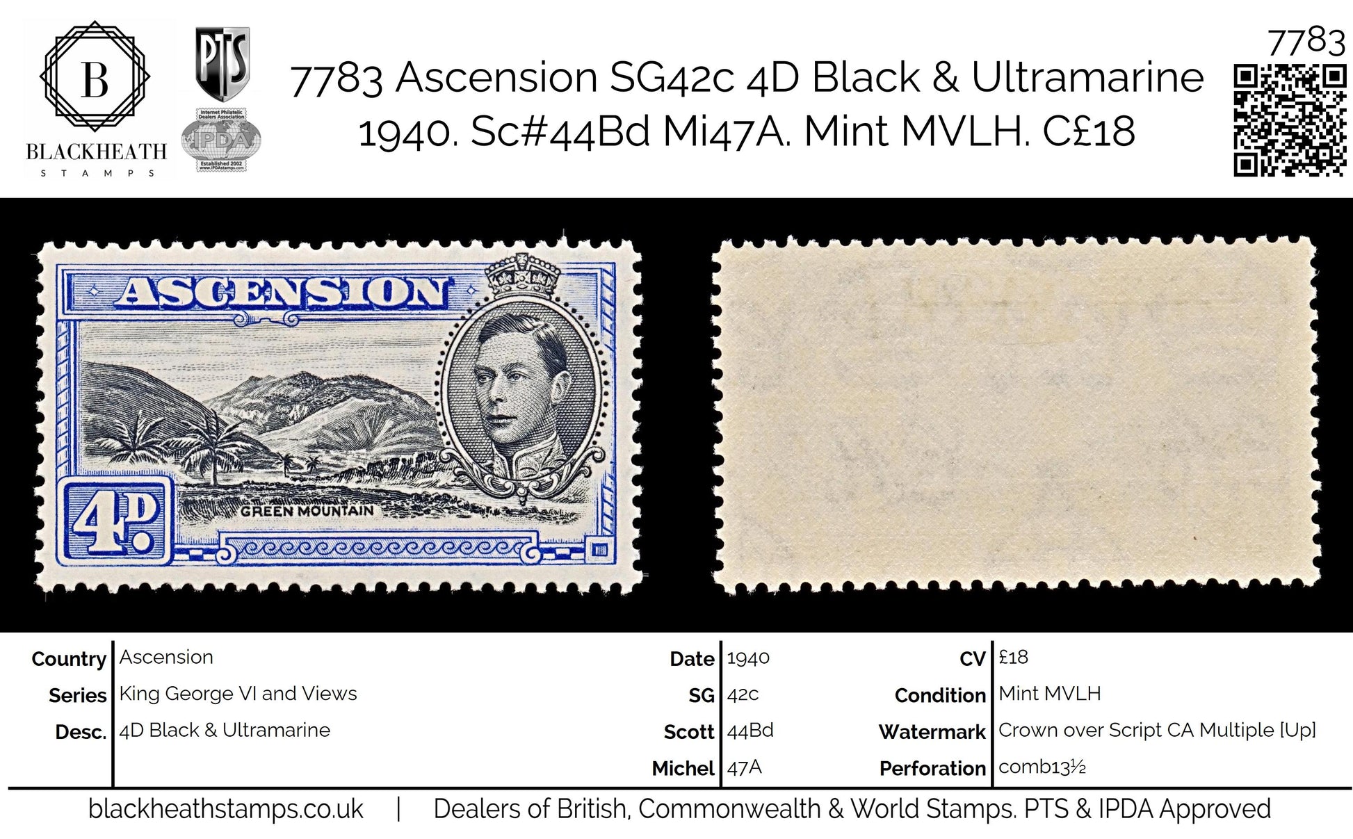 7783 Ascension SG42c 4D Black & Ultramarine 1940. Sc#44Bd Mi47A. Mint MVLH. C£18