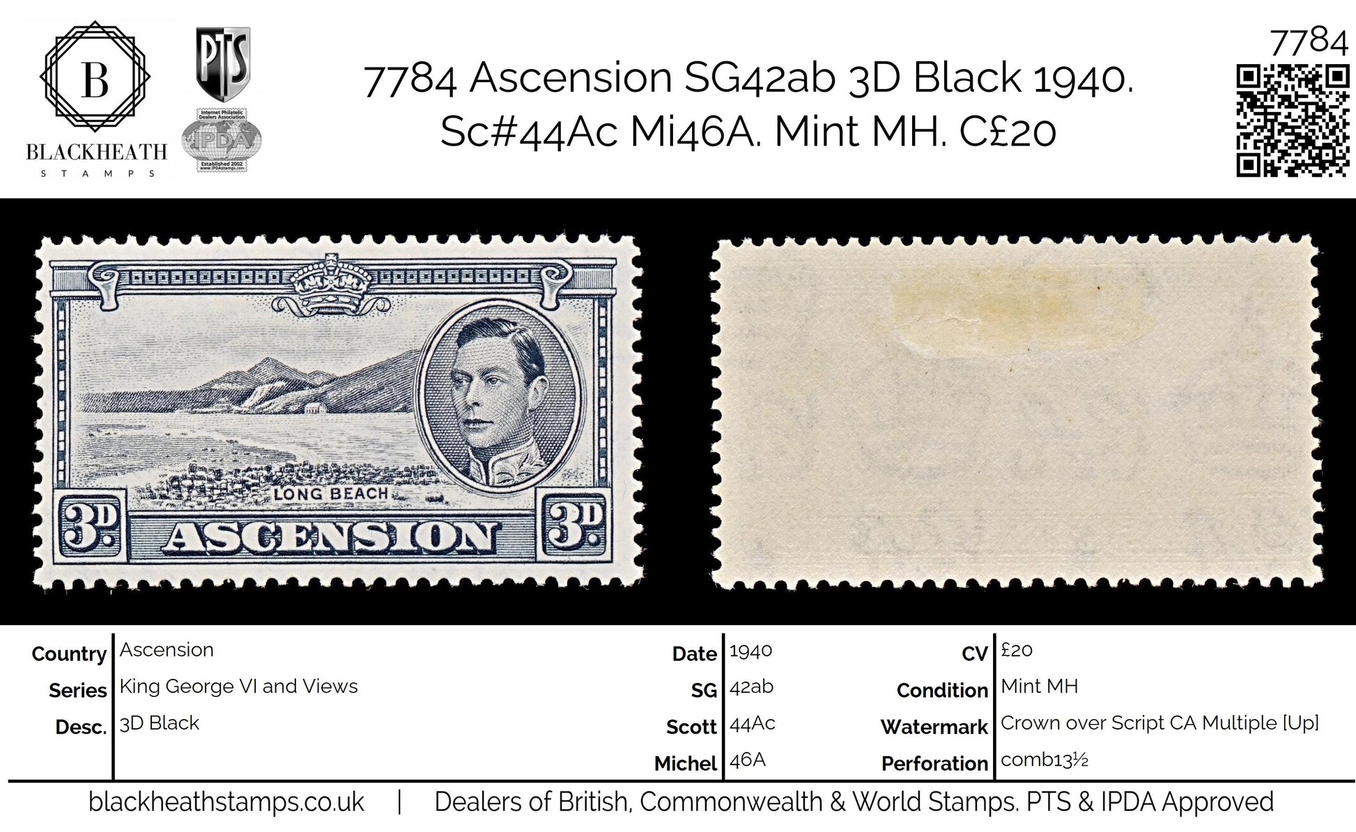 7784 Ascension SG42ab 3D Black 1940. Sc#44Ac Mi46A. Mint MH. C£20