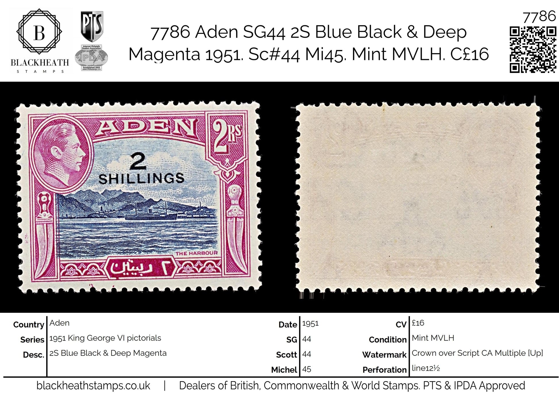 7786 Aden SG44 2S Blue Black & Deep Magenta 1951. Sc#44 Mi45. Mint MVLH. C£16