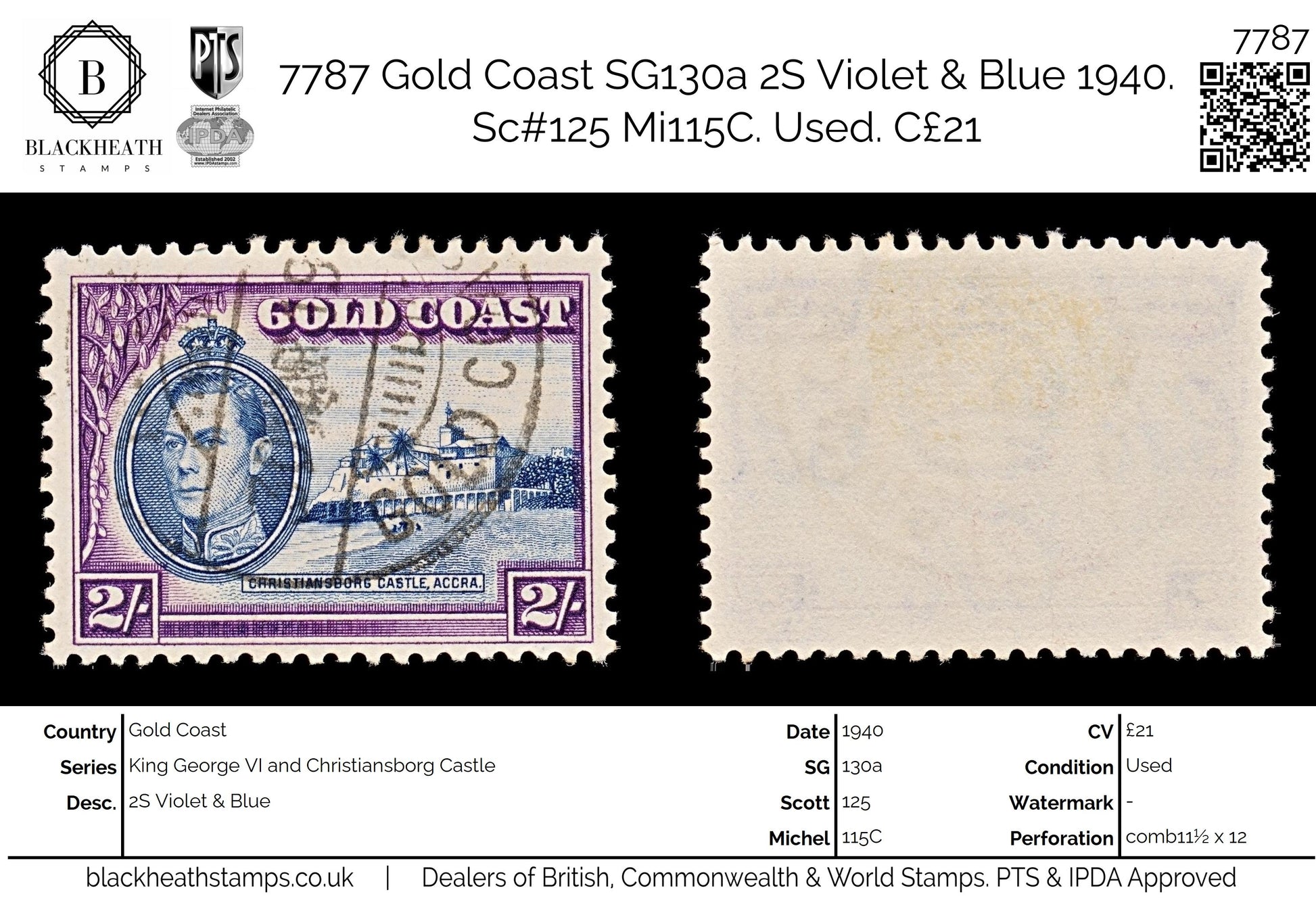 7787 Gold Coast SG130a 2S Violet & Blue 1940. Sc#125 Mi115C. Used. C£21
