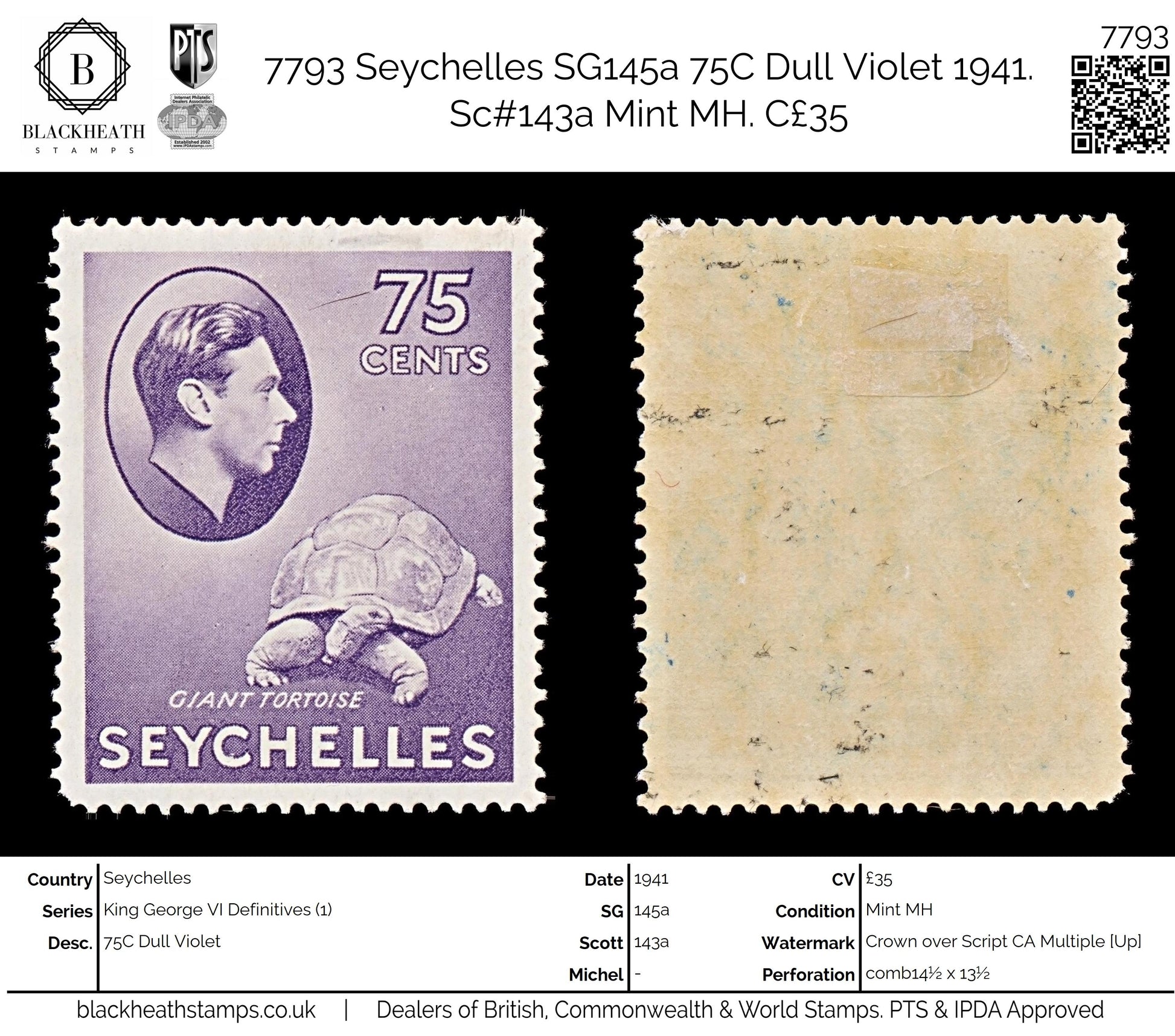 7793 Seychelles SG145a 75C Dull Violet 1941. Sc#143a Mint MH. C£35