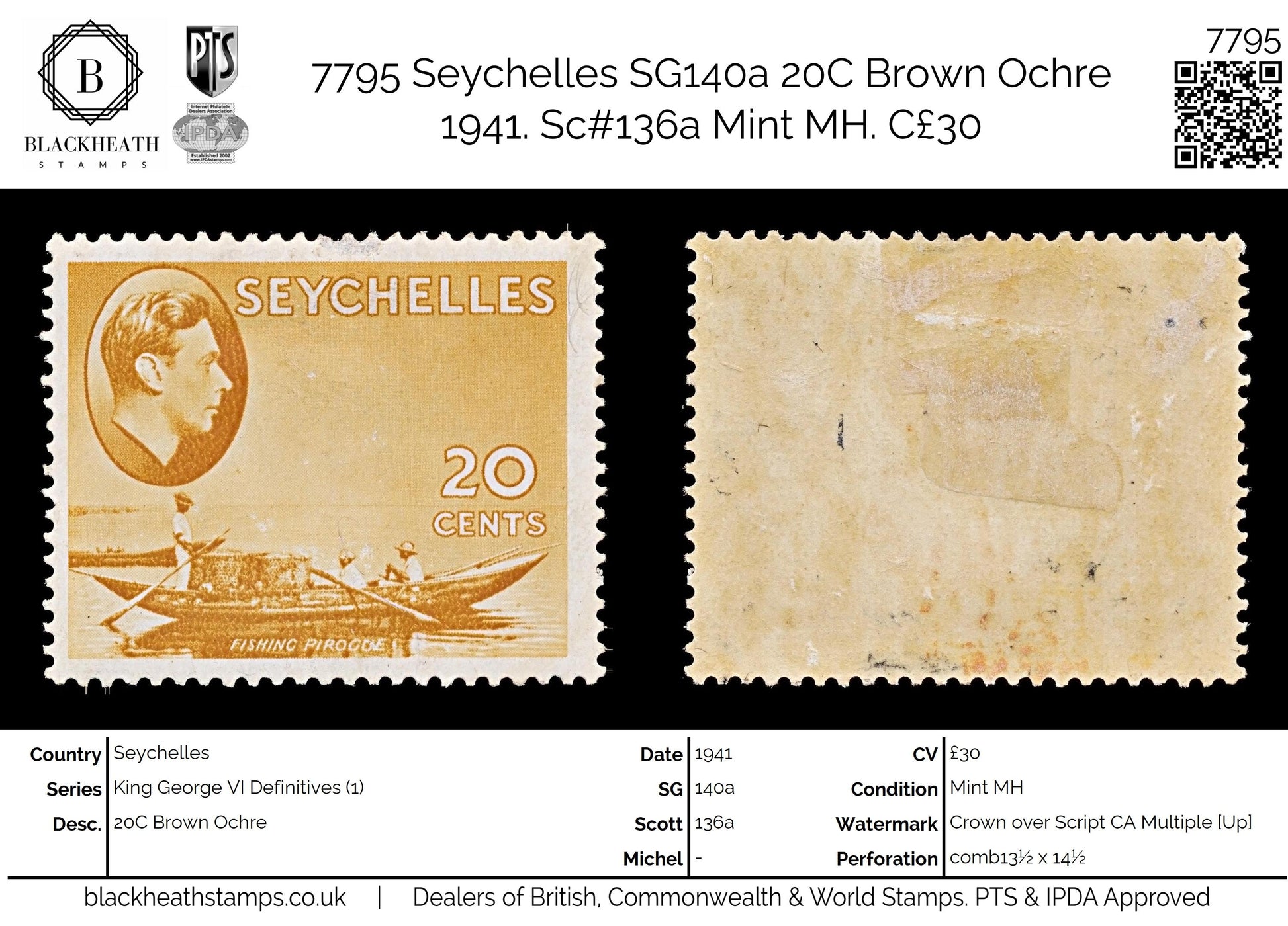 7795 Seychelles SG140a 20C Brown Ochre 1941. Sc#136a Mint MH. C£30