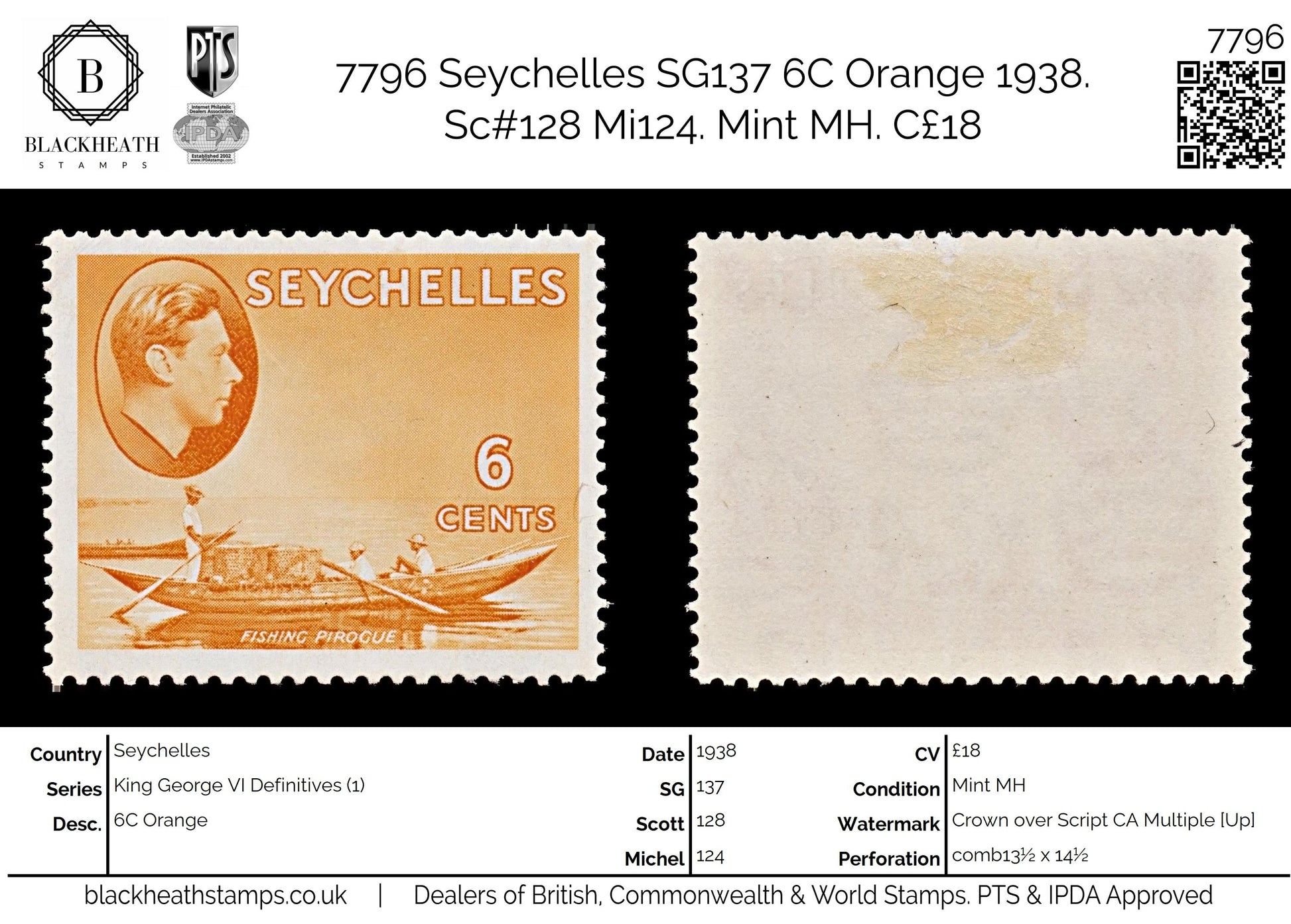 7796 Seychelles SG137 6C Orange 1938. Sc#128 Mi124. Mint MH. C£18