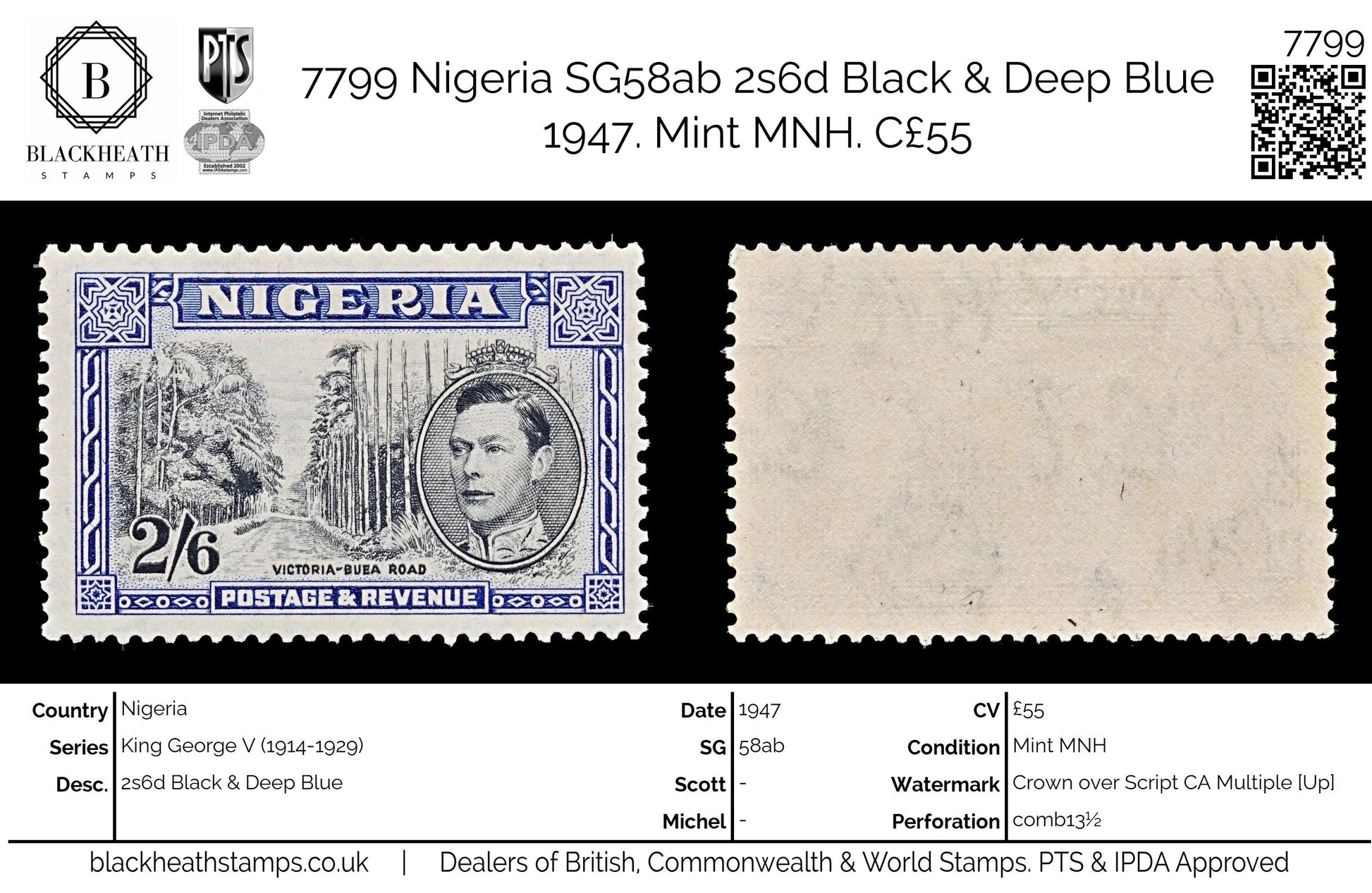 7799 Nigeria SG58ab 2s6d Black & Deep Blue 1947. Mint MNH. C£55