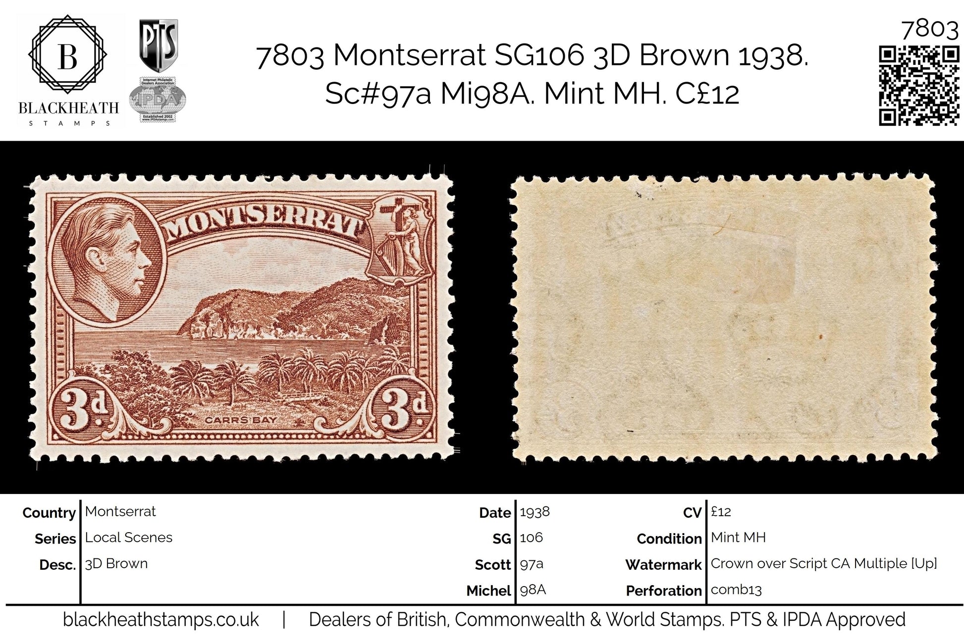 7803 Montserrat SG106 3D Brown 1938. Sc#97a Mi98A. Mint MH. C£12