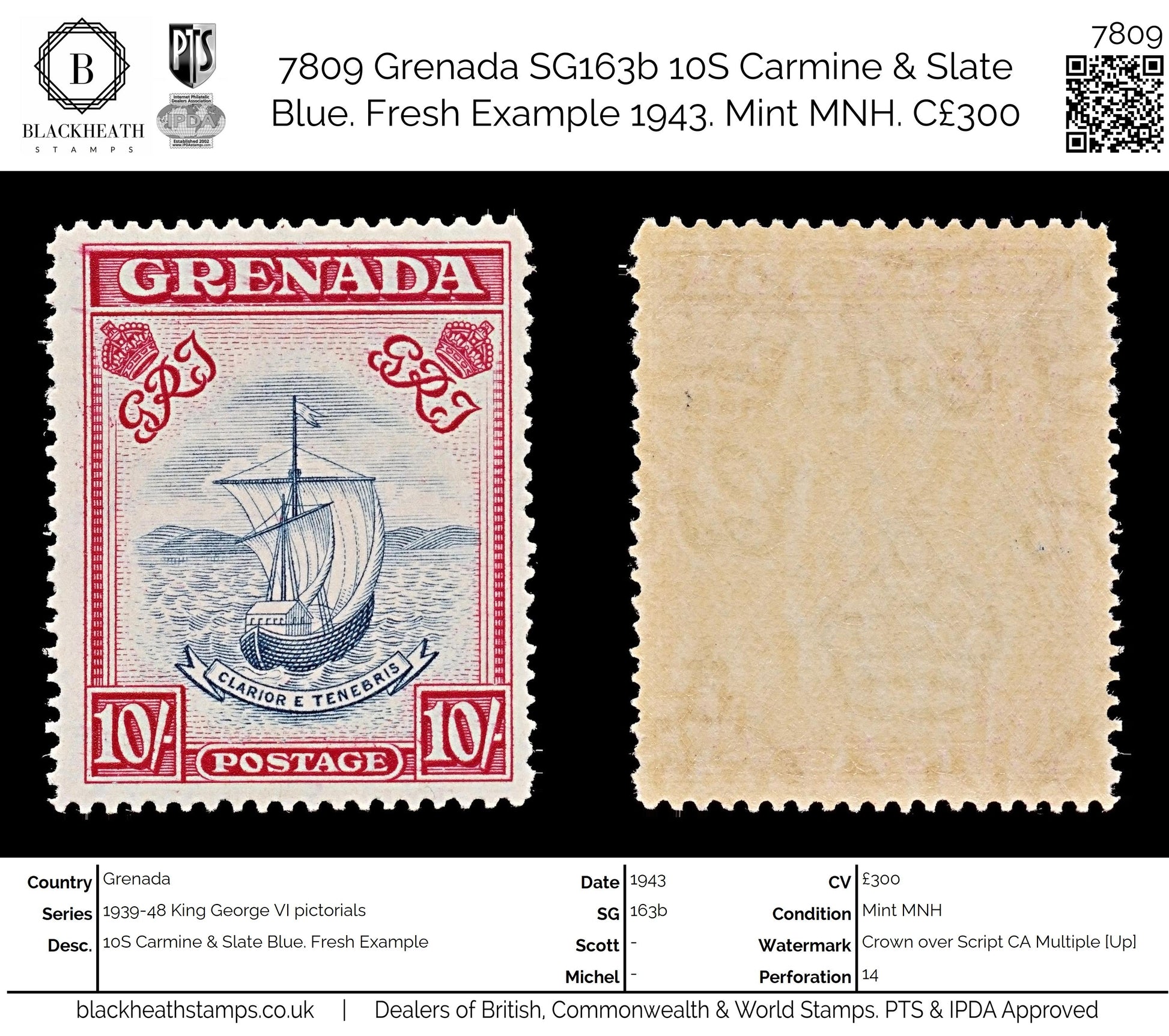 7809 Grenada SG163b 10S Carmine & Slate Blue. Fresh Example 1943. Mint MNH. C£300