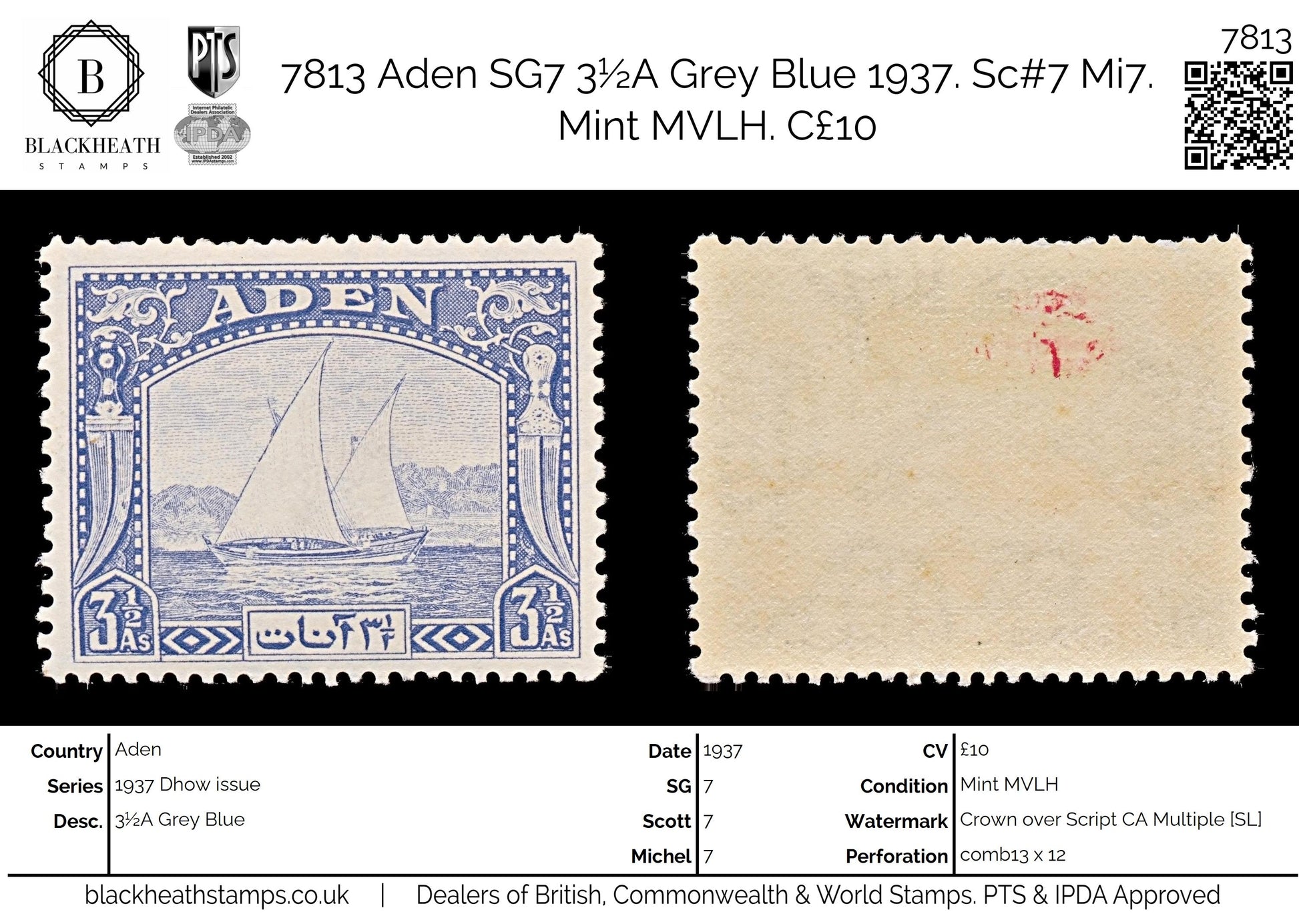 7813 Aden SG7 3½A Grey Blue 1937. Sc#7 Mi7. Mint MVLH. C£10