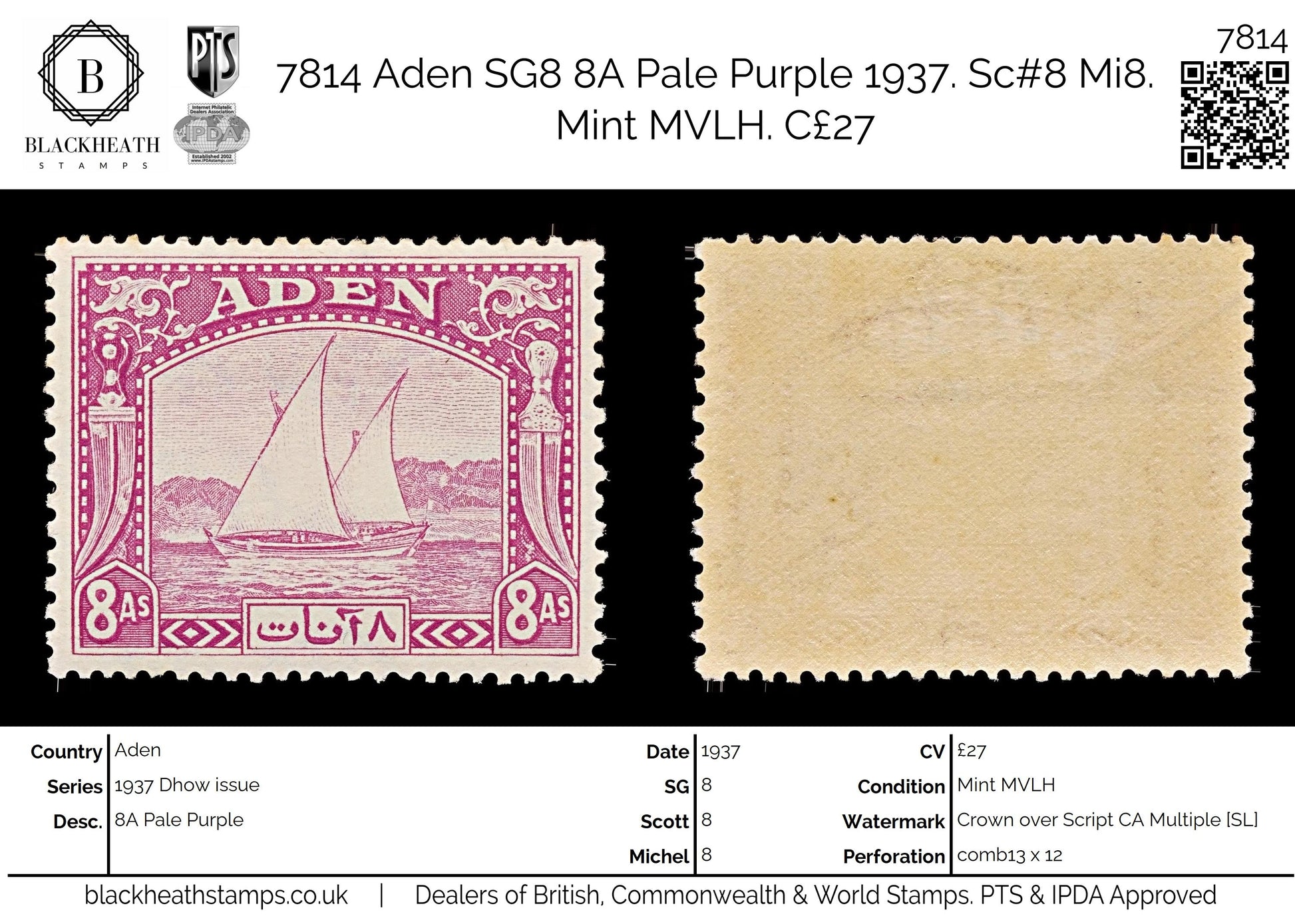 7814 Aden SG8 8A Pale Purple 1937. Sc#8 Mi8. Mint MVLH. C£27