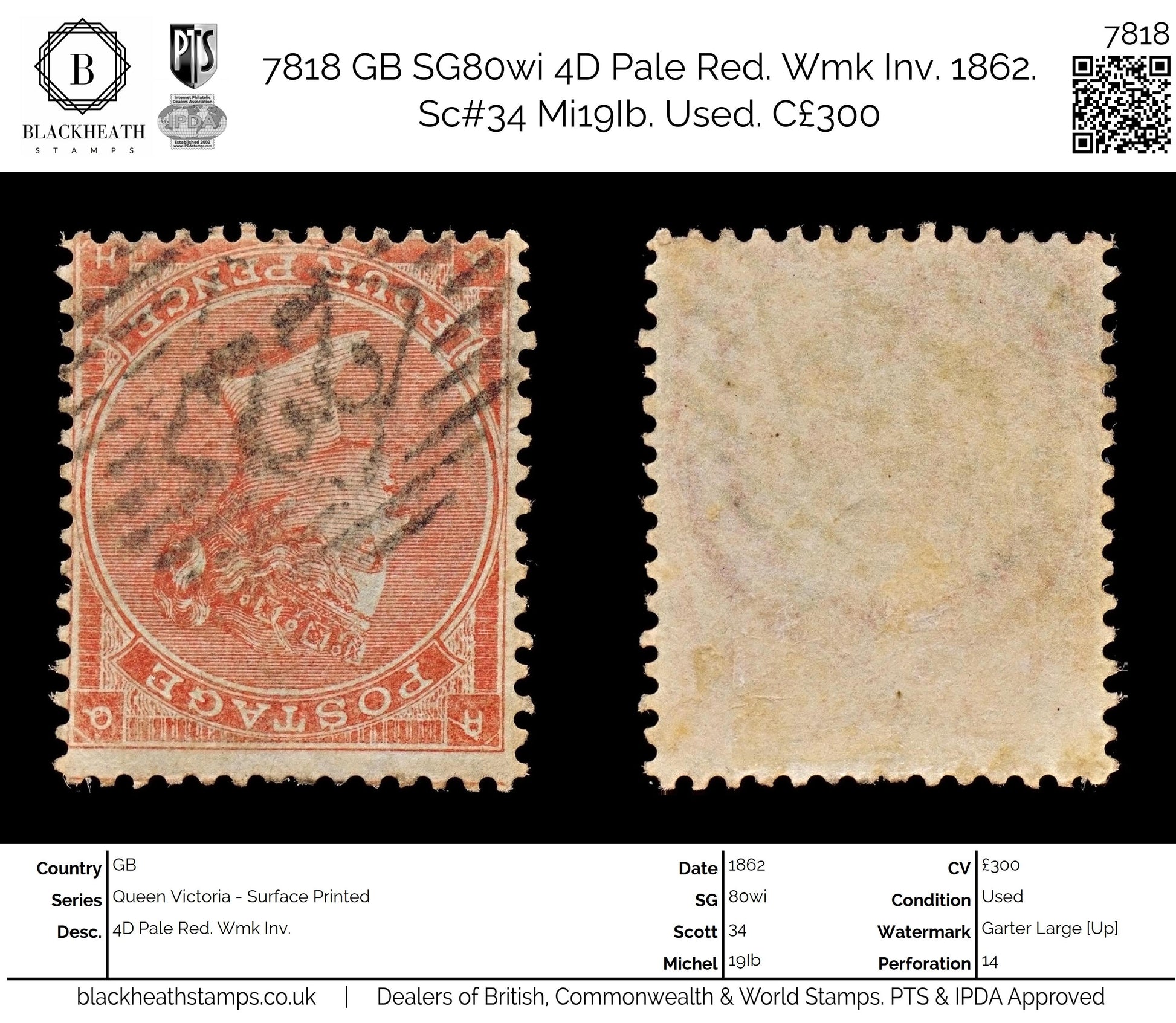 7818 GB SG80wi 4D Pale Red. Wmk Inv. 1862. Sc#34 Mi19Ib. Used. C£300