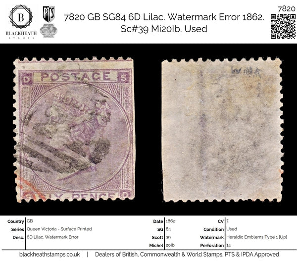 7820 GB SG84 6D Lilac. Watermark Error 1862. Sc#39 Mi20Ib. Used