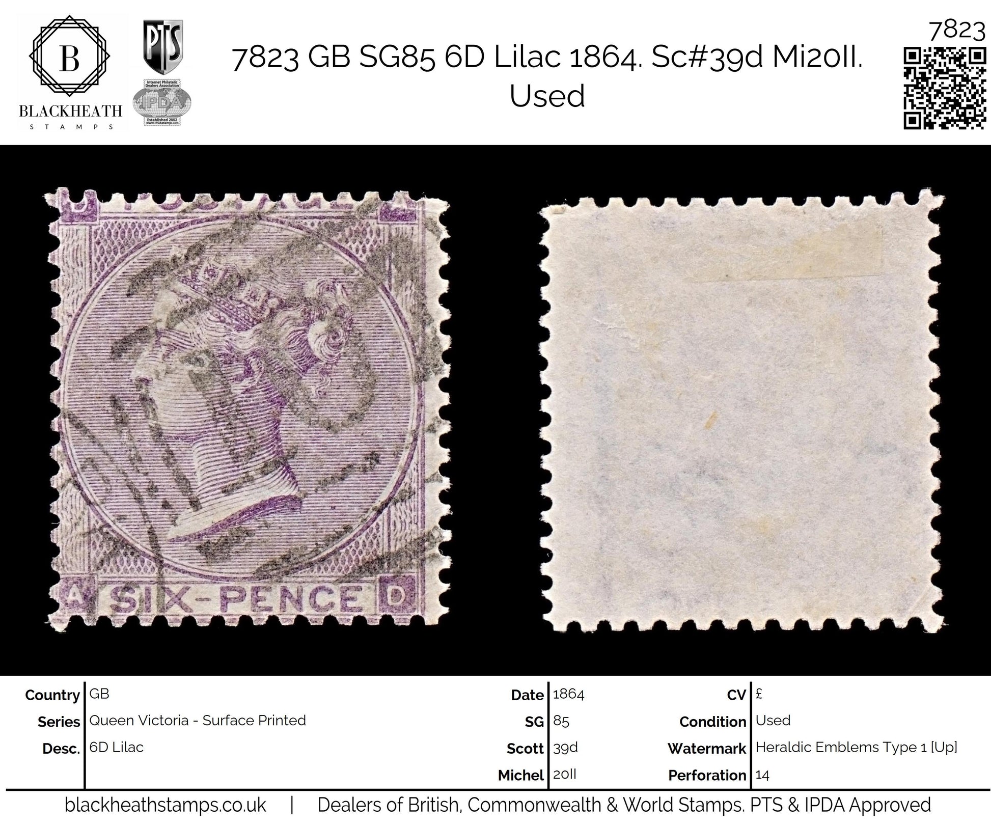 7823 GB SG85 6D Lilac 1864. Sc#39d Mi20II. Used