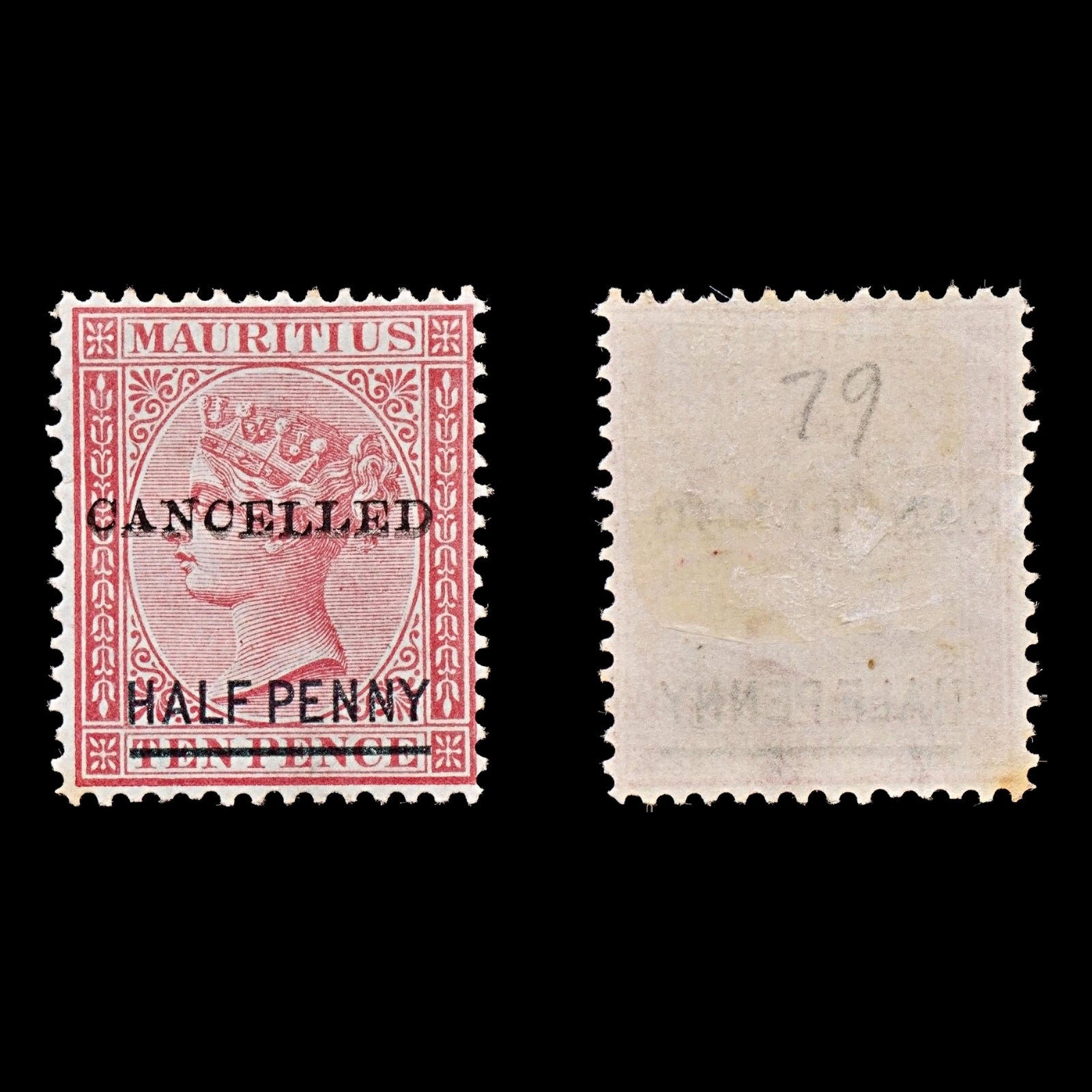 7825 Mauritius ½D Claret. "CANCELLED" Doubled 1877. MiCAN. Mint MH