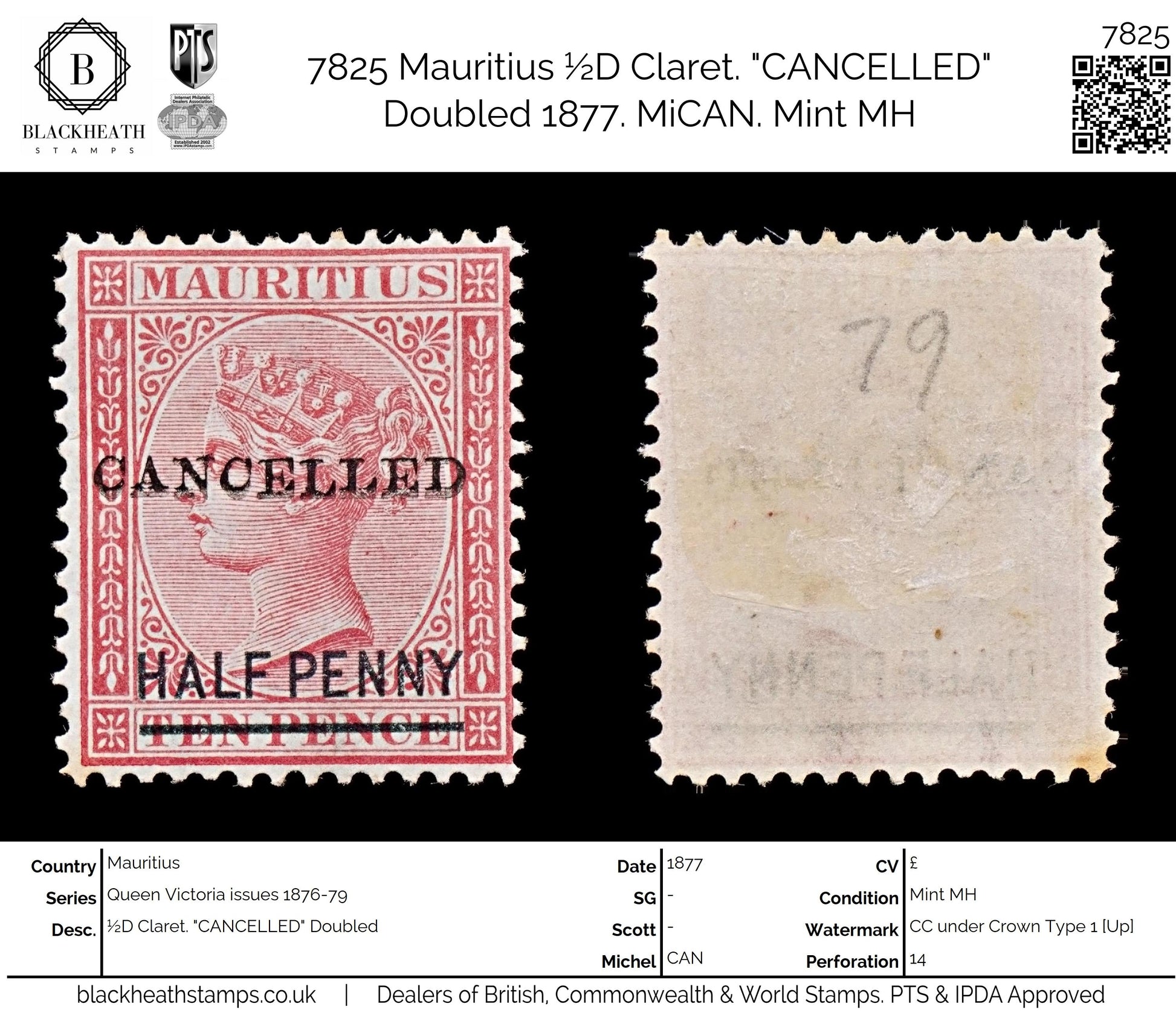7825 Mauritius ½D Claret. "CANCELLED" Doubled 1877. MiCAN. Mint MH