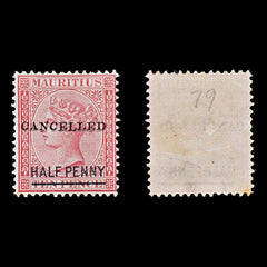 7825 Mauritius ½D Claret. "CANCELLED" Doubled 1877. MiCAN. Mint MH, view 1